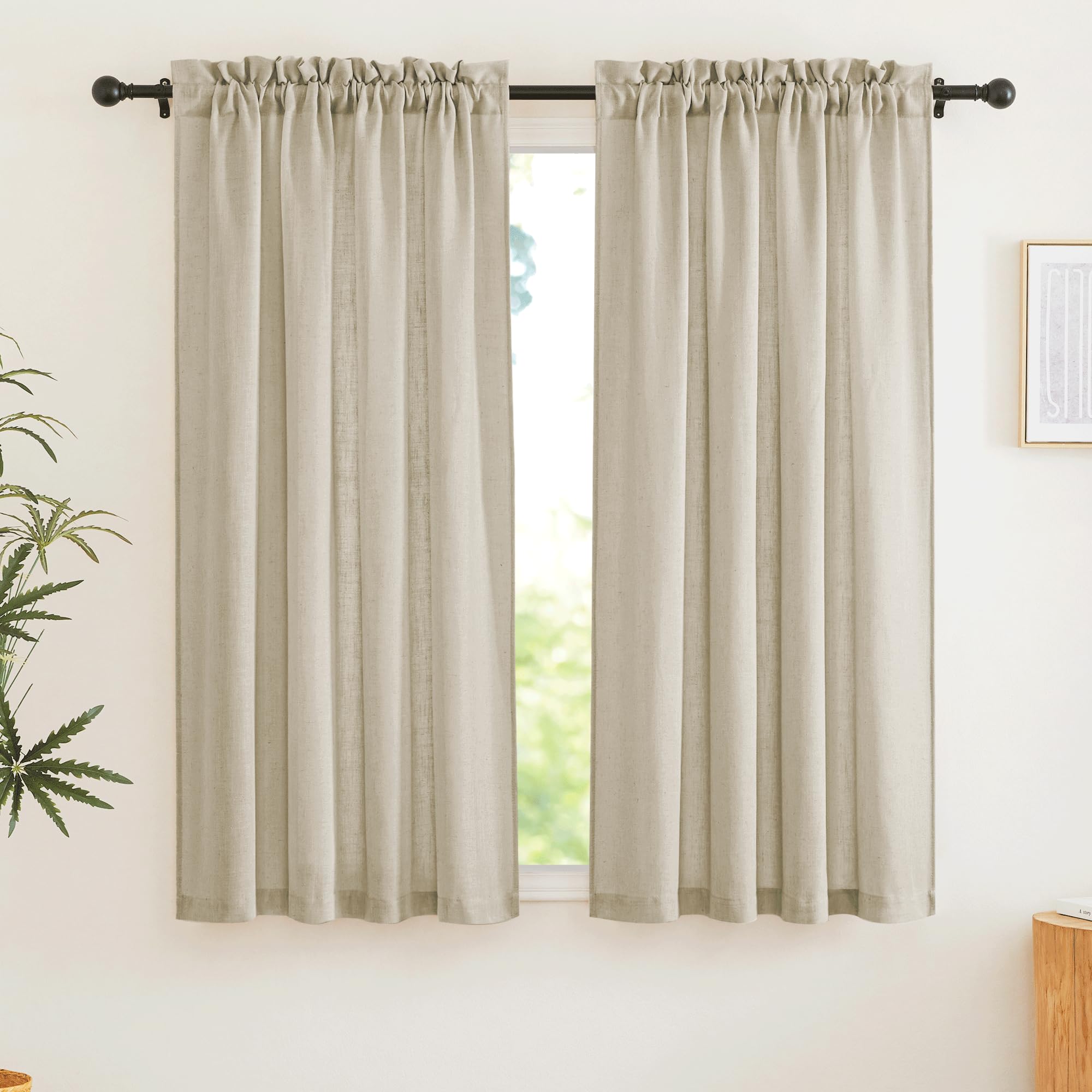 RYB HOME Linen Textured Semi Sheer Curtains Half Privacy Light Glare Filtering Breezy Airy Window Decor for Bedroom Bathroom Living Room, Deep Beige, W 34 x L 63 inch, 2 Panels