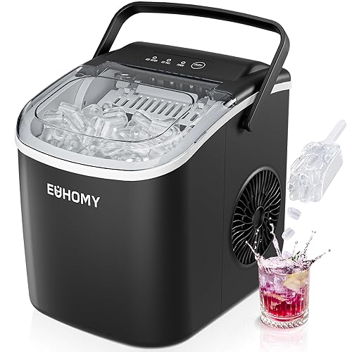 EUHOMY Countertop Ice Maker Machine with Handle, 26lbs in 24Hrs, 9 Ice Cubes Ready in 6 Mins, Auto-Cleaning Portable Ice Maker with Basket and Scoop, for Home/Kitchen/Camping/RV. (Black) - ICE MACHINE - 11.57"D x 11.42"W x 8.74"H - Black