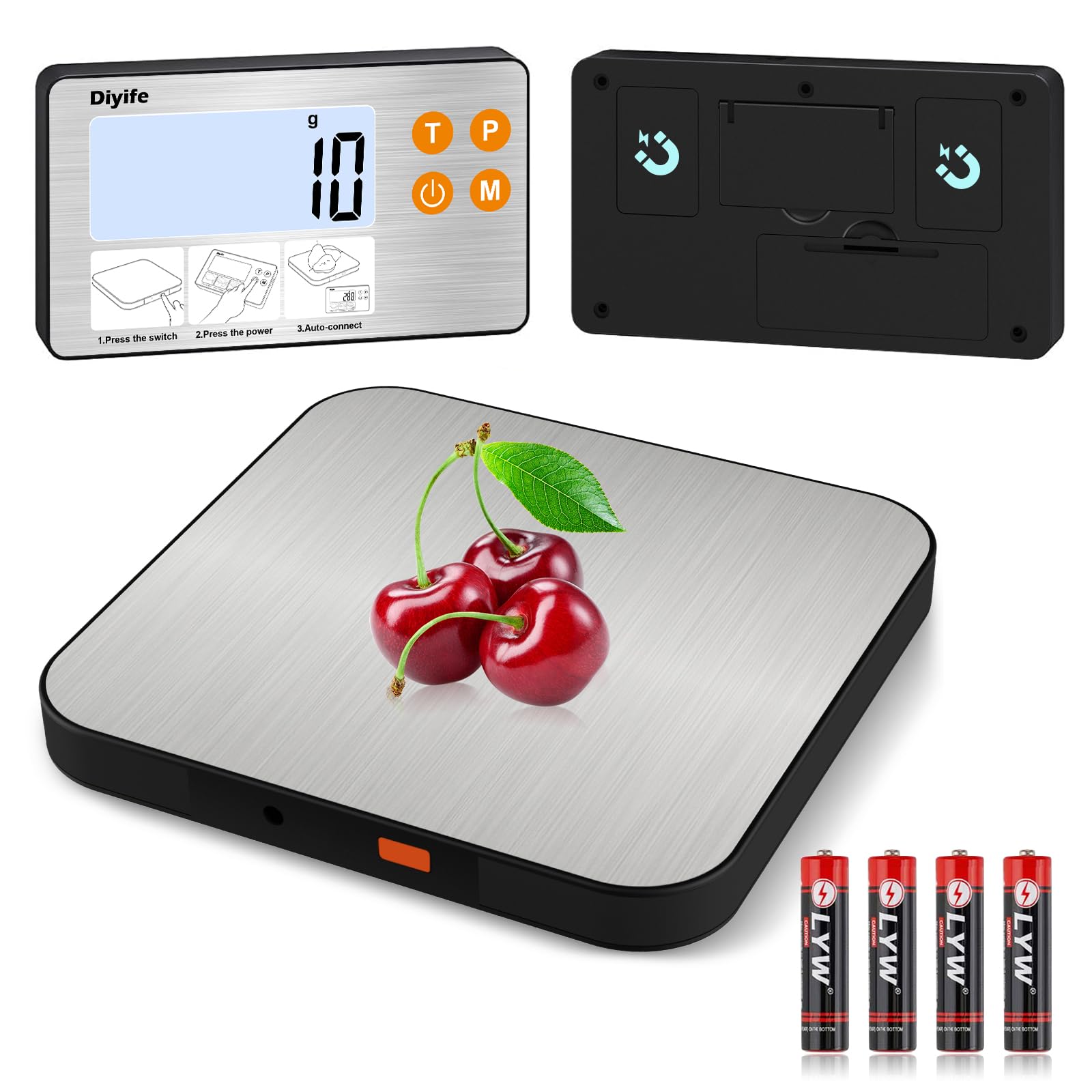 Separate Digital Kitchen Scale, [15kg/1g] Diyife Magnetic Weighing Scales Kitchen, 4 High Precision Sensors Food Scale with Stainless Steel Platform, Tare, Fit for Baking, Coffee, Cooking