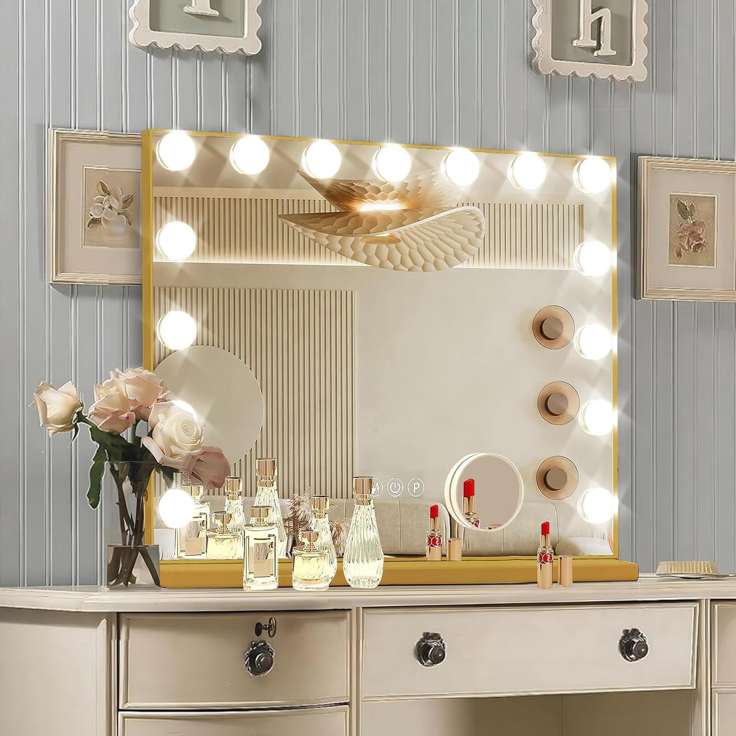 Amazon.com - Ratsamee Gold Hollywood Vanity Mirror with Lights, 15 Dimmable  Bulbs, 3 Color Lights,Make Up Lighted Mirror, Aluminum Metal Frame, USB  Charging Port23" x 18"