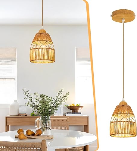 Lámpara Colgante de Ratán Boho para Isla de Cocina, Candelabros de Granja de Altura Ajustable Lámpara Colgante para Comedor, Luminarias de Luces de