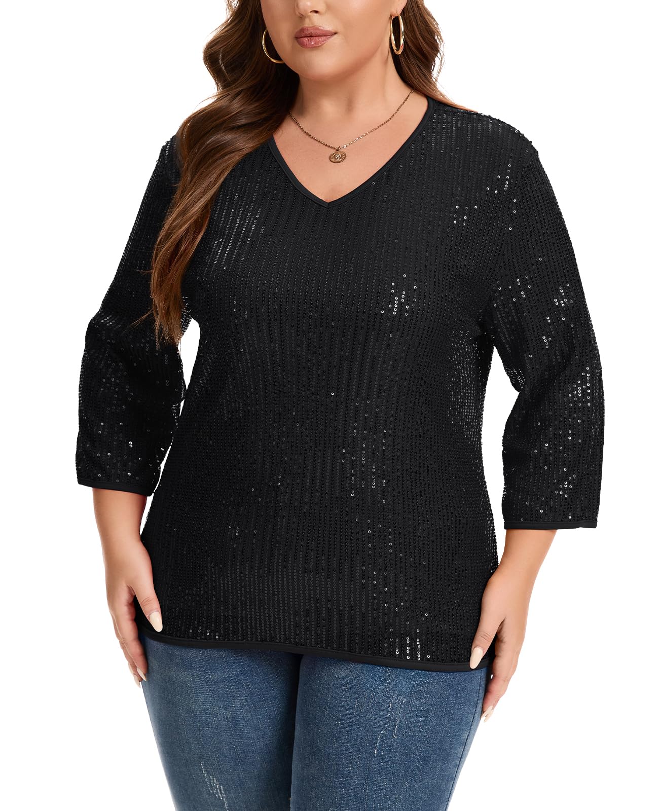 XL-5XL Grande taille Chemisier à paillettes T-shirt Femmes Haut à paillettes étincelantes Col en V Doublé Manches 3/4 Vêtements de soirée décontractées