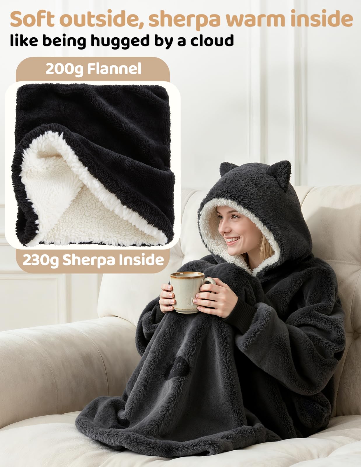 Mewaii Wearable Blanket Hoodie for Adults Soft Flannel & Warm Sherpa, Black Cat Hooded Blanket with Giant Pocket - Image 3