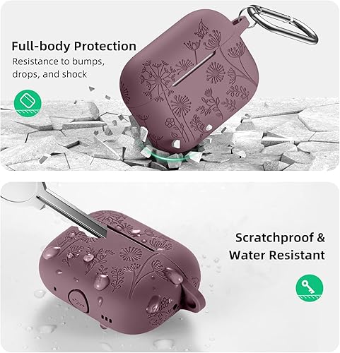 Miniatura 3 de Lerobo - Funda protectora para estuche de AirPods Pro 1 y 2 generación USB C, bonita funda de silicona suave grabada con diseño floral y LED frontal