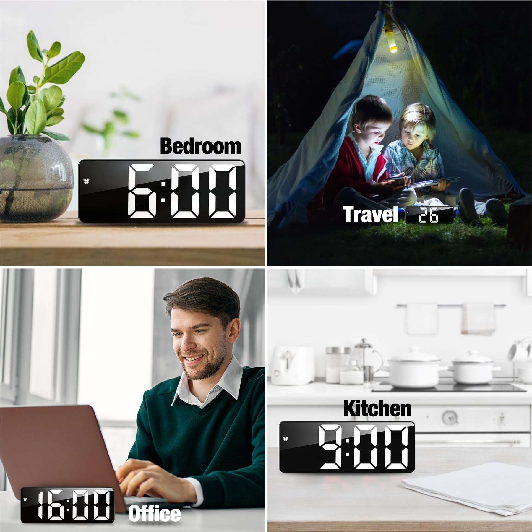 JQGO Sveglia Digitale da Comodino, Sveglia Digitale da Comodino Snooze con Visualizzazione, Ampio Display LED Digitale/Data/della/Temperatura, USB e Alimentato a Batteria, Bianco