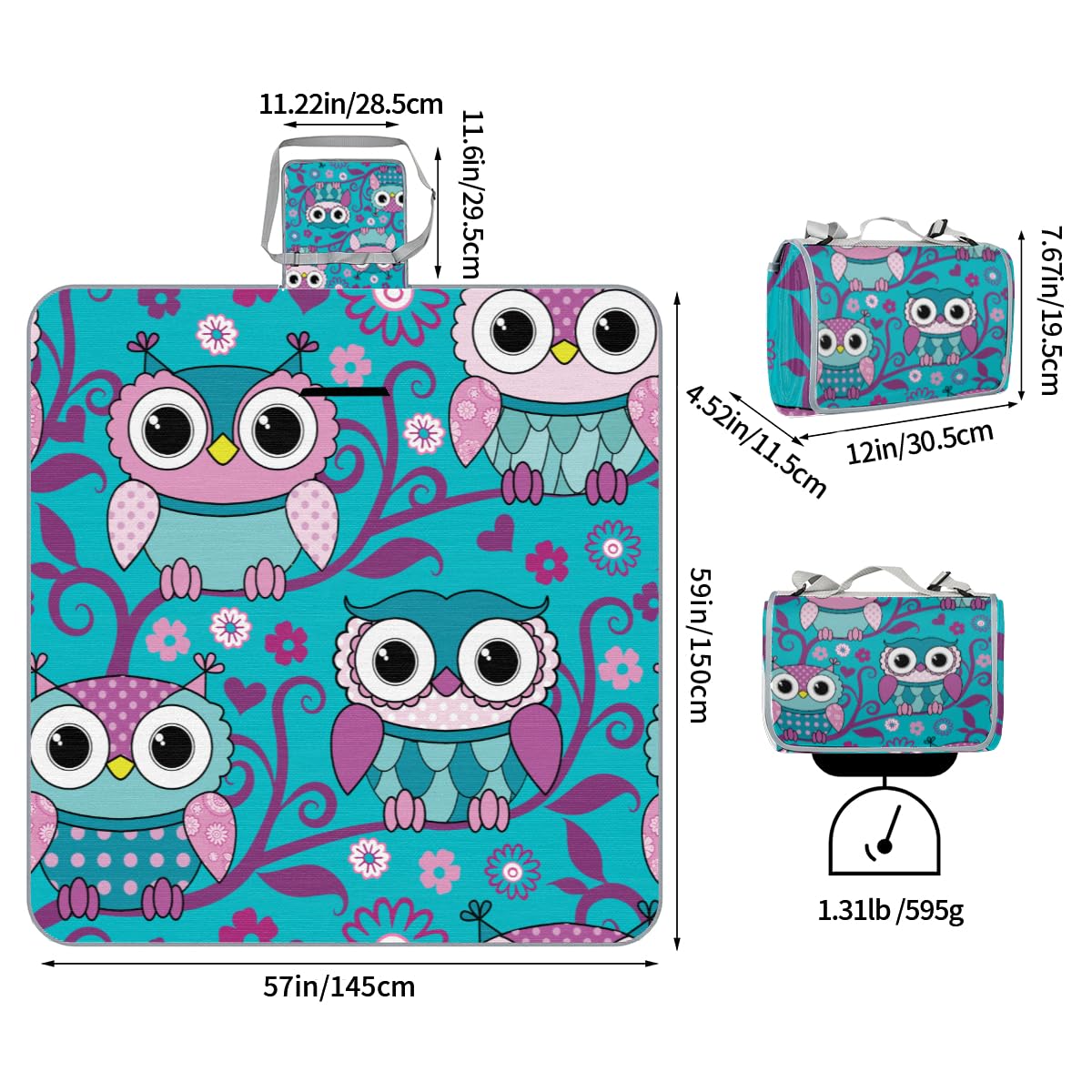 Shimoshe Picnic Blankets 57”x 59”, Blue Pink Owl Waterproof Sandproof Picnic Mat Lightweight Foldable Beach Blanket for Camping Park Grass Beach Outdoor Blanket