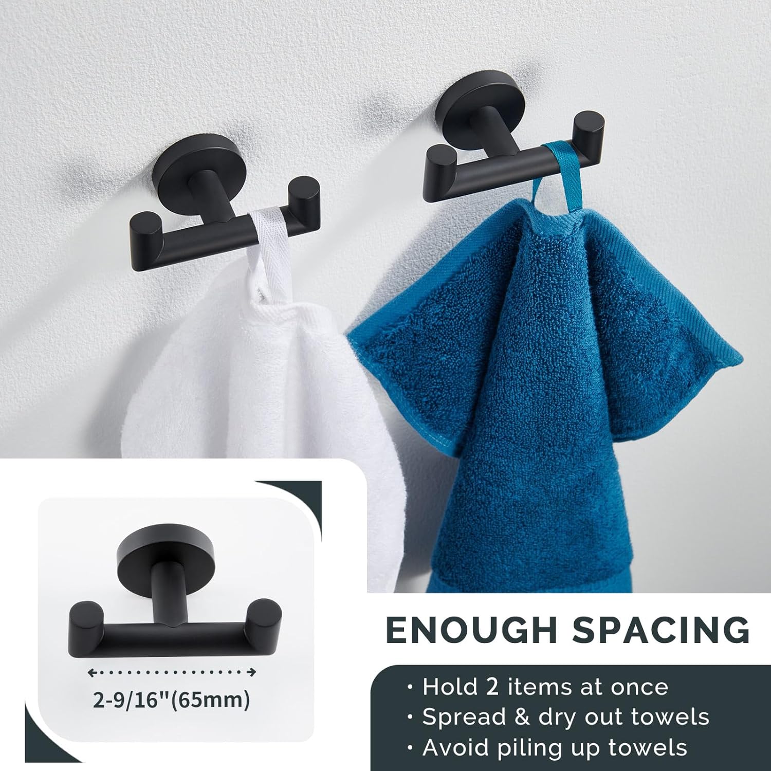 Angle Simple Round Double Towel Hook 2 PCS Bundle with Square Towel Ring (Matte Black)