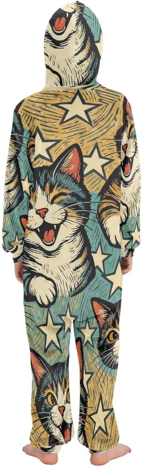 Naughty Cat LaughingUnisex OnesieSoft Warm Hooded Boys Blanket Sleeper Pjsfor Parties Sleepovers