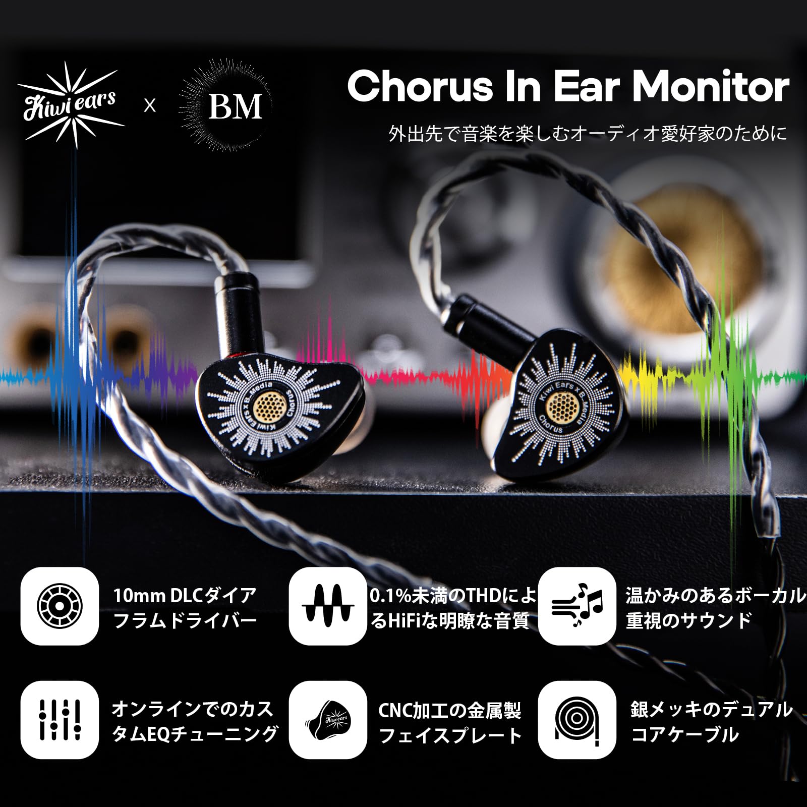 Linsoul Kiwi Ears x B_Media: Chorus Słuchawki douszne typu in-ear z funkcją Chorus, dynamiczny przetwornik z membraną DLC, z metalową płytką czołową wykonaną (1, Czarny, Mikrofon typu C)