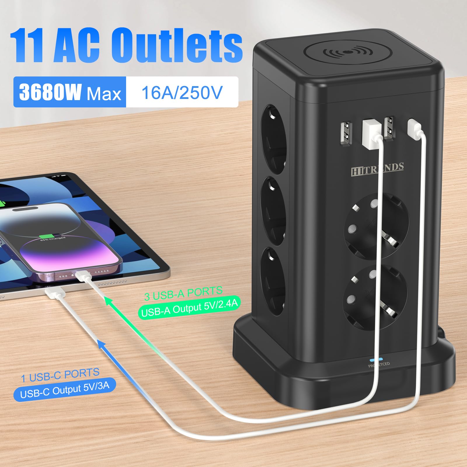 Ciabatta elettrica con USB, 11 prese, con caricatore wireless, torre con stazione di ricarica induttiva, cavo da 2 m, protezione da sovratensione