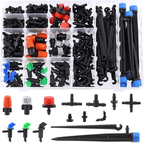 240Pcs Barbed Connectors Drip Irrigation Fittings Kit, Including Single Barbs, Straight Barbs, Tees, Switch Valve, Elbows, End Plug, Hose Stakes, 4-Way Coupling for Sprinkler Drip Systems