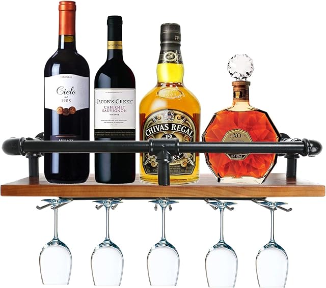 ZOVOTA Wall Mounted Wine Rack Hanging Glass Rustic Wine Rack with 5 Stem Glass Holder Floating Pipe Shelf Hanging Wood Shelf for Home Kitchen Bar