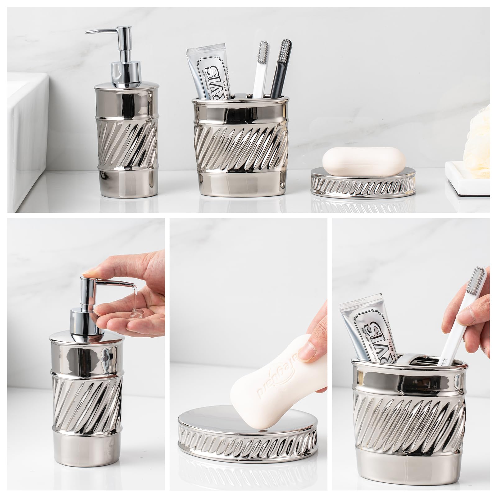 Juego de accesorios de baño de cerámica de 3 piezas, dispensador de jabón, soporte para cepillo de dientes y jabonera con diseño moderno en relieve de ondas para juego de accesorios de baño (plateado)