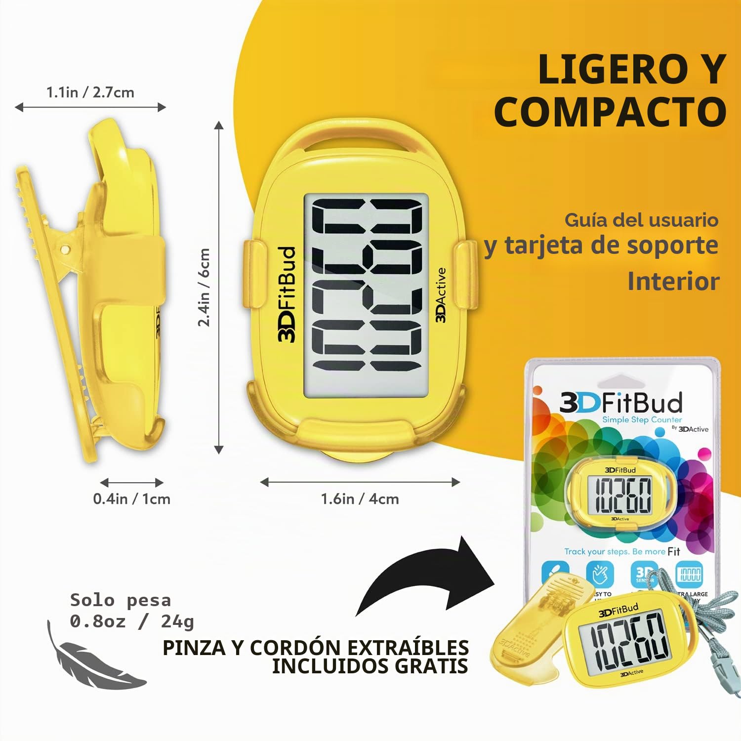 3DActive 3DFitBud Contapassi Semplice Contapassi 3D con Clip E Cordino, Tracker Di Passi Preciso, Ampio Display, Facile Da Usare per Bambini, Uomini, Donne, Adulti, Anziani - A420S