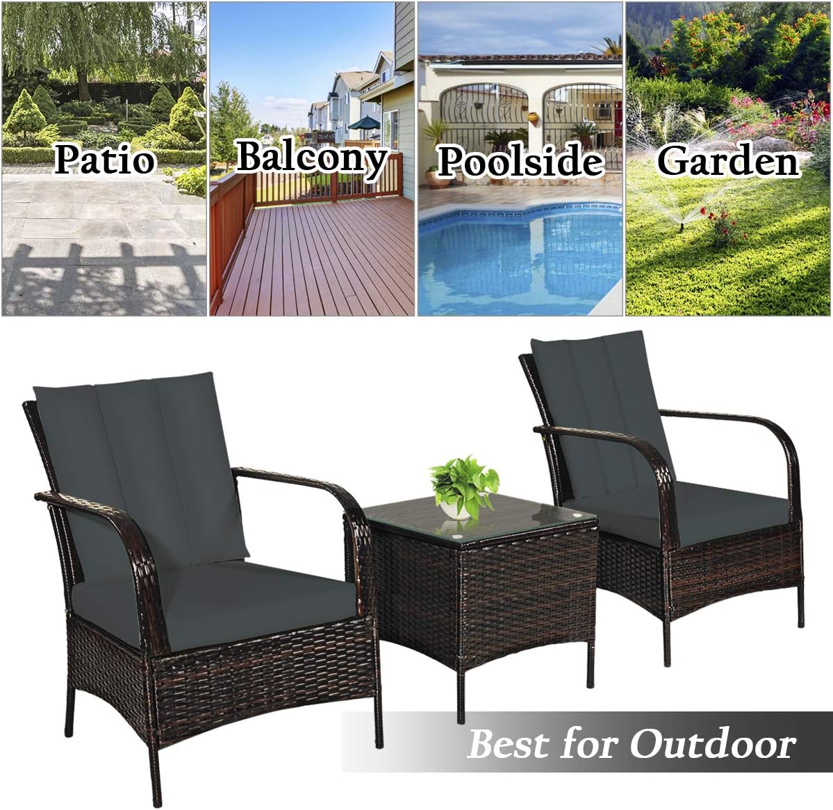 DORTALA 3 Piece Patio Furniture Set, Outdoor PE Rattan Conversation Set with Chairs, Cushions & Wicker Coffee Table for Patio Garden Poolside, Grey