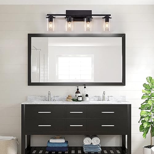 Miniatura 9 de SADENICEL Lámparas de baño de 4 luces, luces de tocador para baño, apliques de pared negros con pantallas de cristal transparente