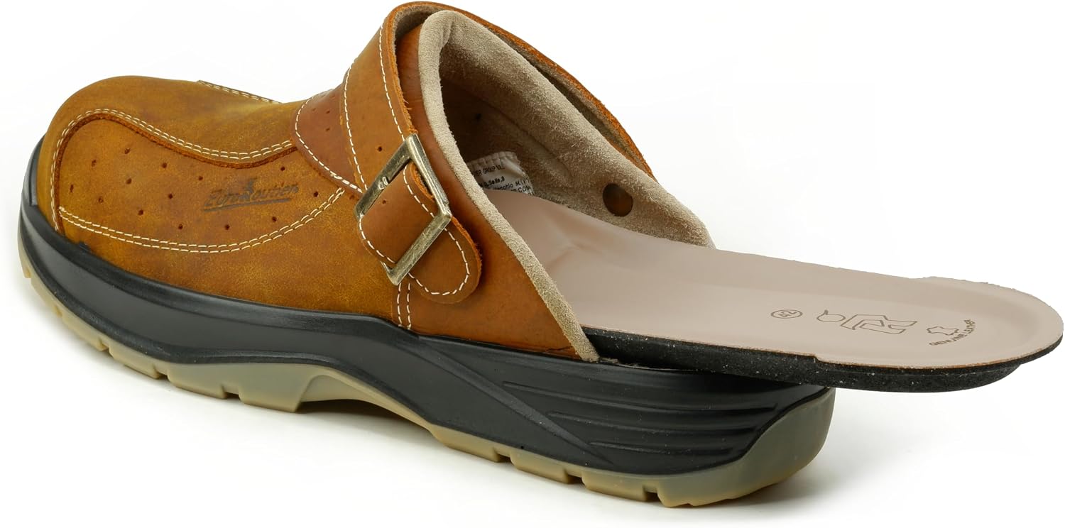 EuroRoutier Premium Leather Tucson Brown, деревянные сабо, защитные шлепанцы с сертификатом SB + A + E + FO + SRC