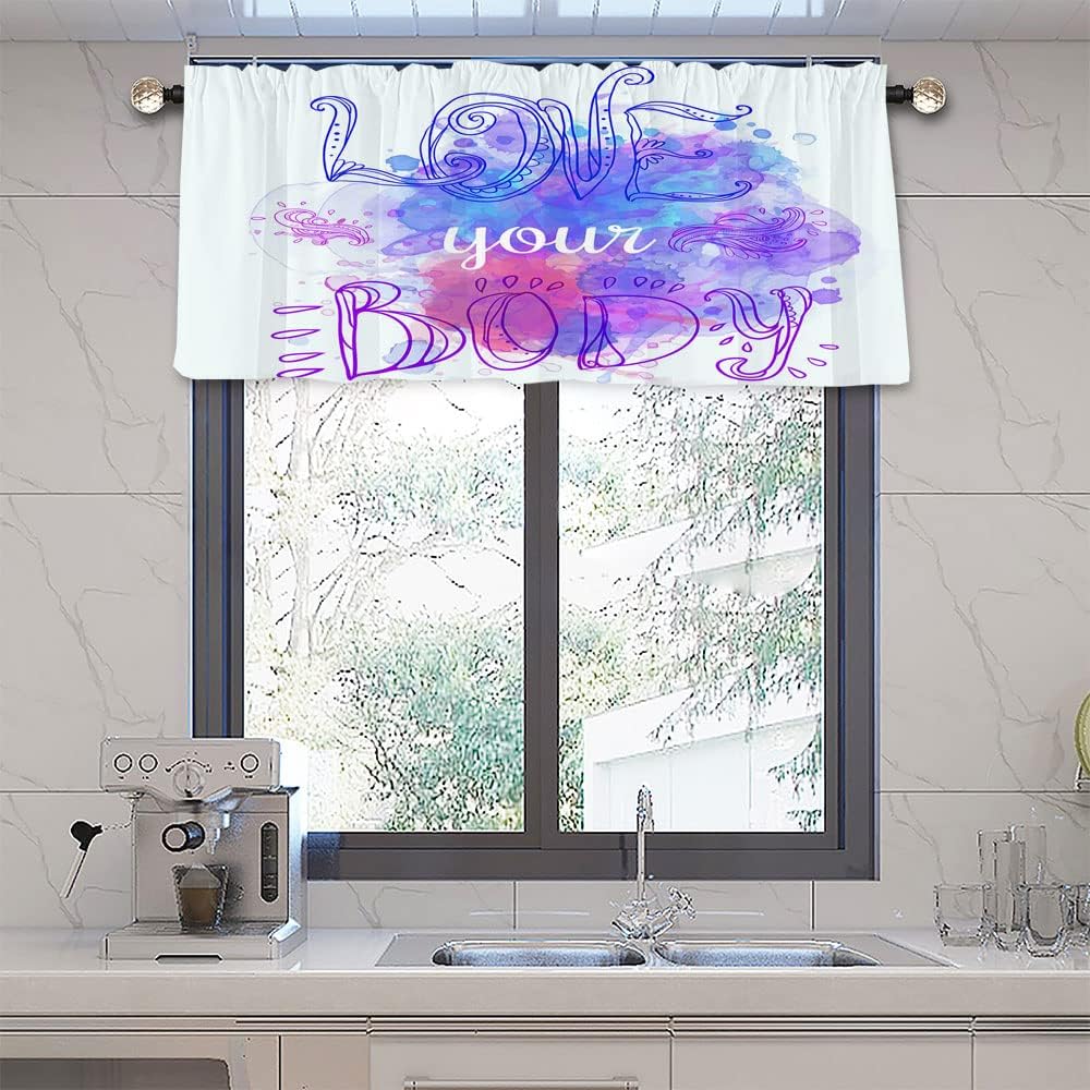 Short Curtains, Fitness Wide Pocket Curtain Valances, Tribal Style Love Your Body Calligraphy, 60" W x 18" L, for Living Room, Bedroom, Kitchen, Bathroom, Blue Purple White