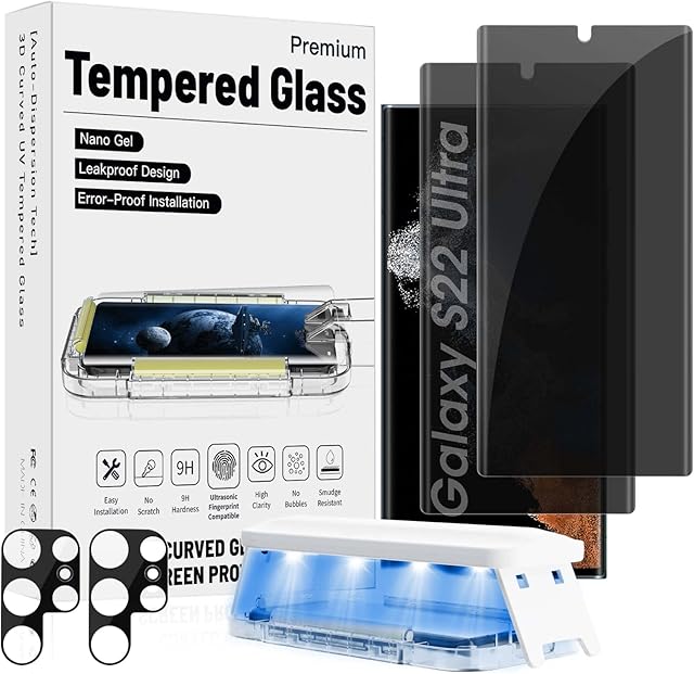 Tempered Glass Screen Protector Compatible with Samsung Galaxy S22 Ultra, Fingerprint Unlock 3D Curved Coverage Privacy Screen Protector with Camera Lens Protector, Bubbles Free Anti-scratch 2 Pack