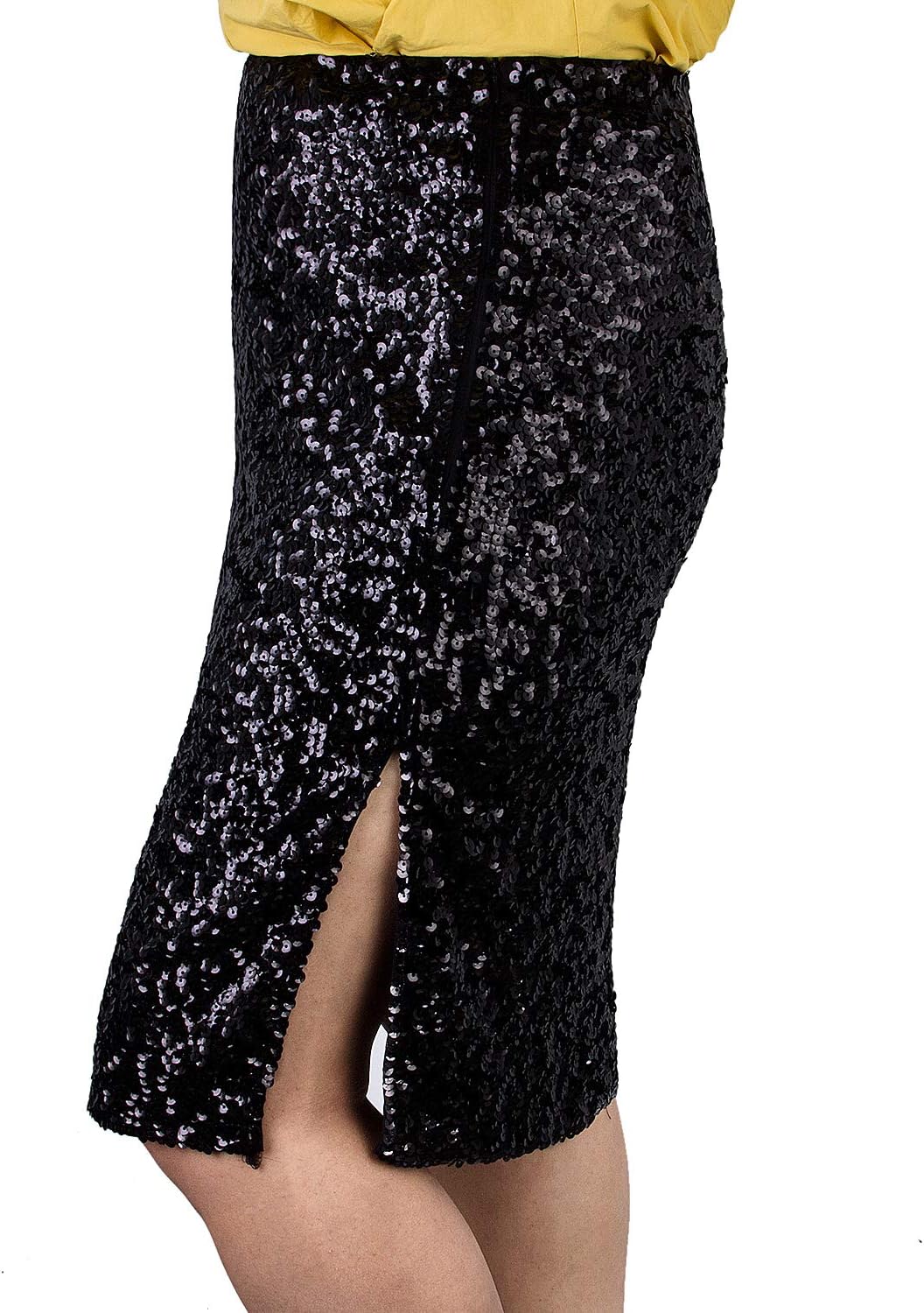 Vijiv Women's Sequin Skirt Midi High Waist Elegant Stretchy Sparkle Side Slit Pencil Skirt Party Cocktail - Image 2