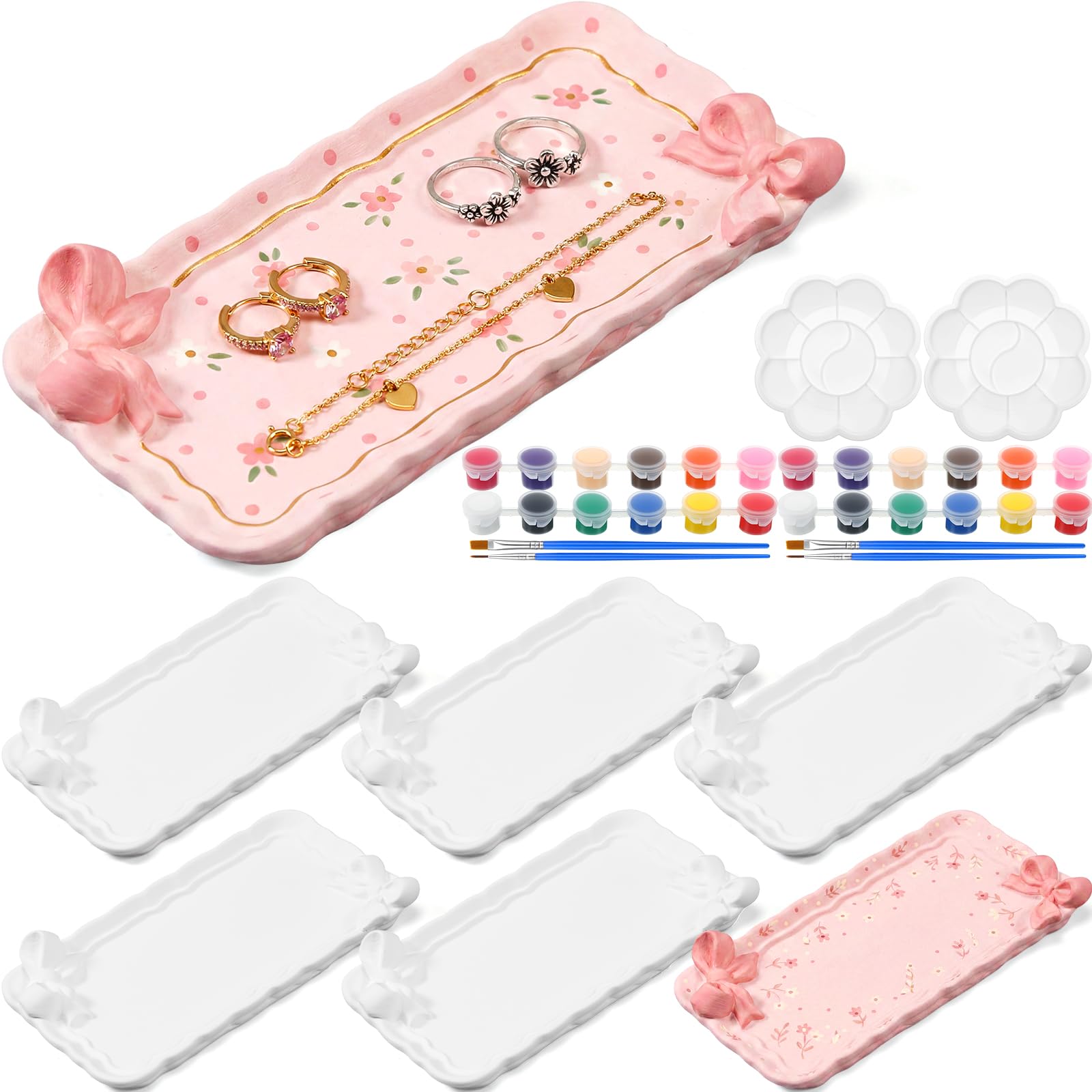 Zubebe 6 Set Ceramics to Paint Rectangle Bow Jewelry Tray Kit Ceramic Dish
