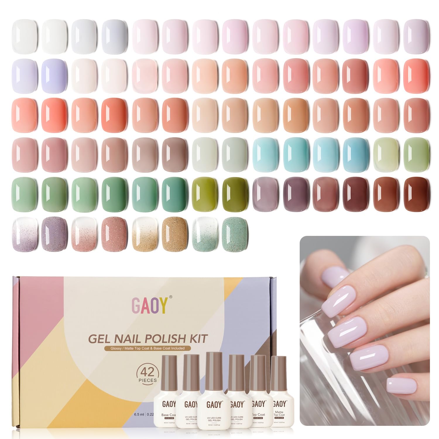 GAOY 42 Pcs Gel Nail Polish Kit, Pastel Jelly Pink Green Shimmer Colors All Seasons Gel Nail Polish Set with Glossy & Matte Top Coat and Base Coat for Salon and DIY Manicure at Home