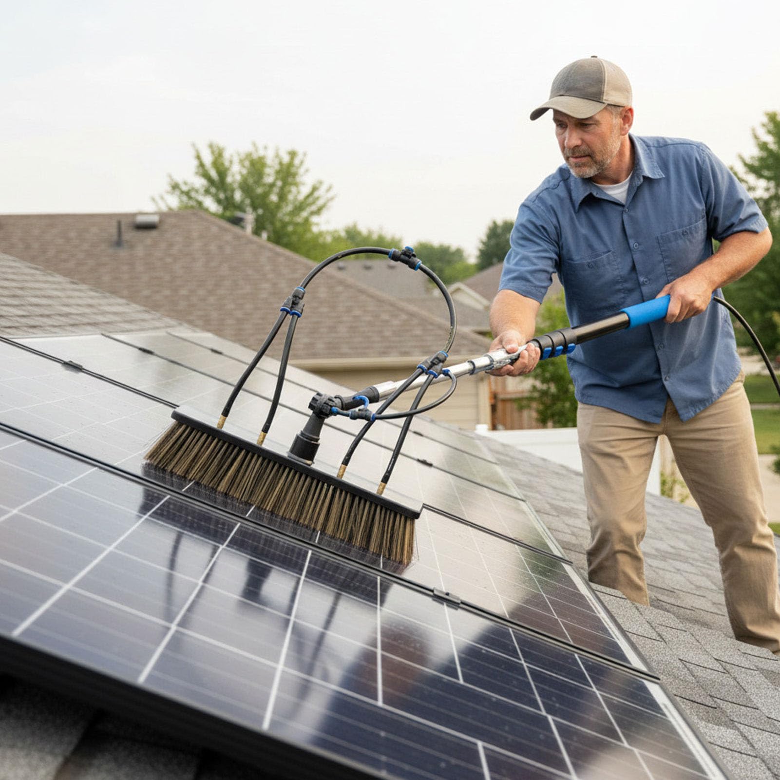 Cepillo de Limpieza de Paneles Solares, Poste Retráctil de 12 Pies con Dispensador de, Cabezal de Cepillo de 13,8 Pulgadas para Ventanas, Canalones, Paredes Exteriores