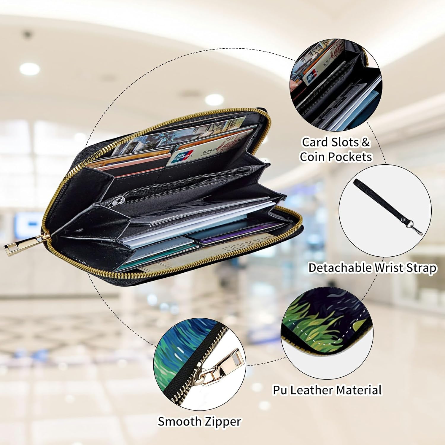 Womens Wallet, Large Capacity RFID Blocking PU Leather Wristlet Wallets for Women Ladies Men Credit Card Holder Zipper Wallet Phone Holder Clutch Travel Purse, Art Cat - Image 3