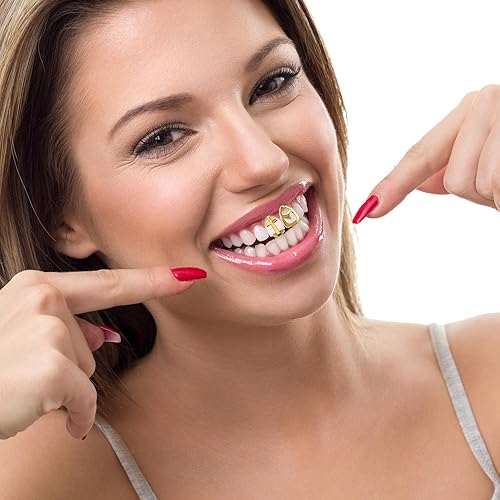 Miniatura 6 de 3 piezas chapadas en oro de 18 quilates con acabado de oro de oro Grillz corona de tapa de un solo diente, parrillas de boca hip hop, colmillo con