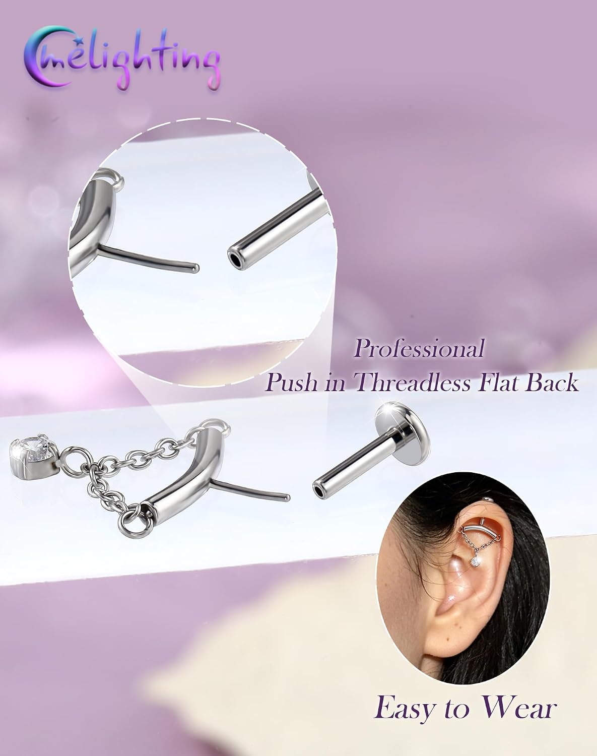 Melighting 16G Gold Vertical Helix Earring Threadless Push In Cartilage Piercing 316L Stainless Steel Flat Back Tragus Earring Chain CZ Labret Stud 6 mm for Women