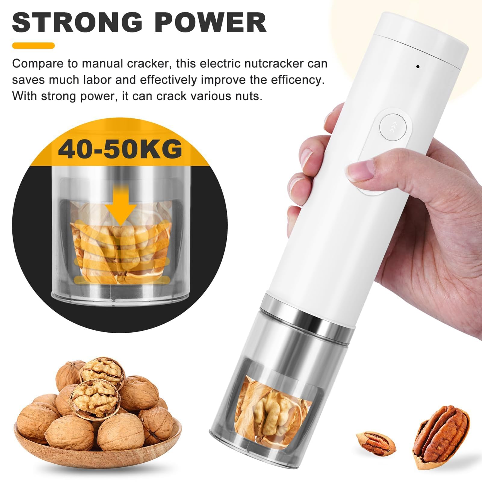 Elektrische Nussknacker-Maschine, Multifunktionaler Sheller mit 40-50 kg Stärke, 360° Anti-Spritz-Design, abnehmbar und waschbar für Walnüsse, Pekannüsse, Haselnüsse, Mandeln, Paranüsse