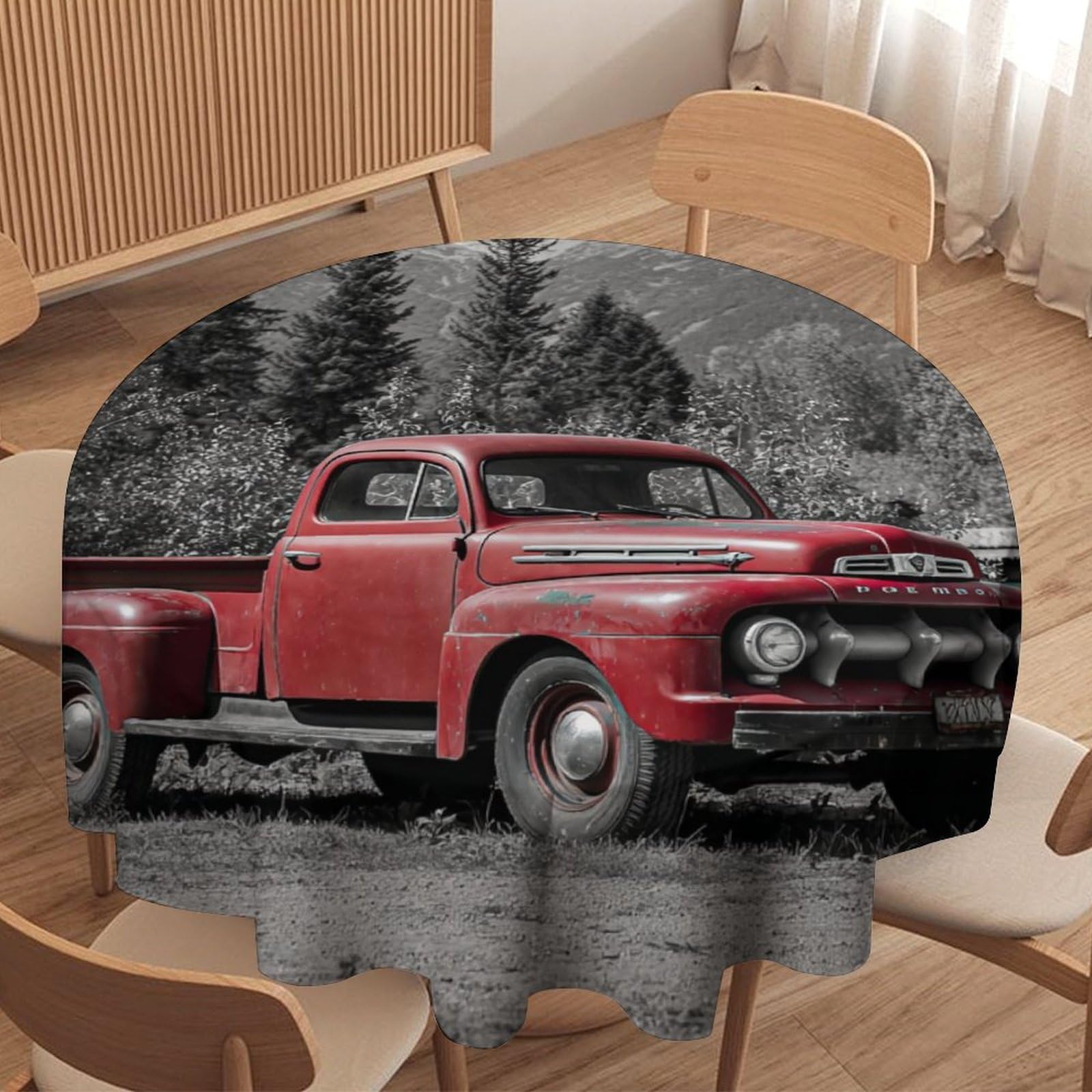 LUYYSKY Rustic Watercolor Classic Car Waterproof Round Tablecloth Antique Vintage Patriotic American Flag Red Truck Print Washable Table Cover for Kitchen-91.4" Wx91.4 L cm