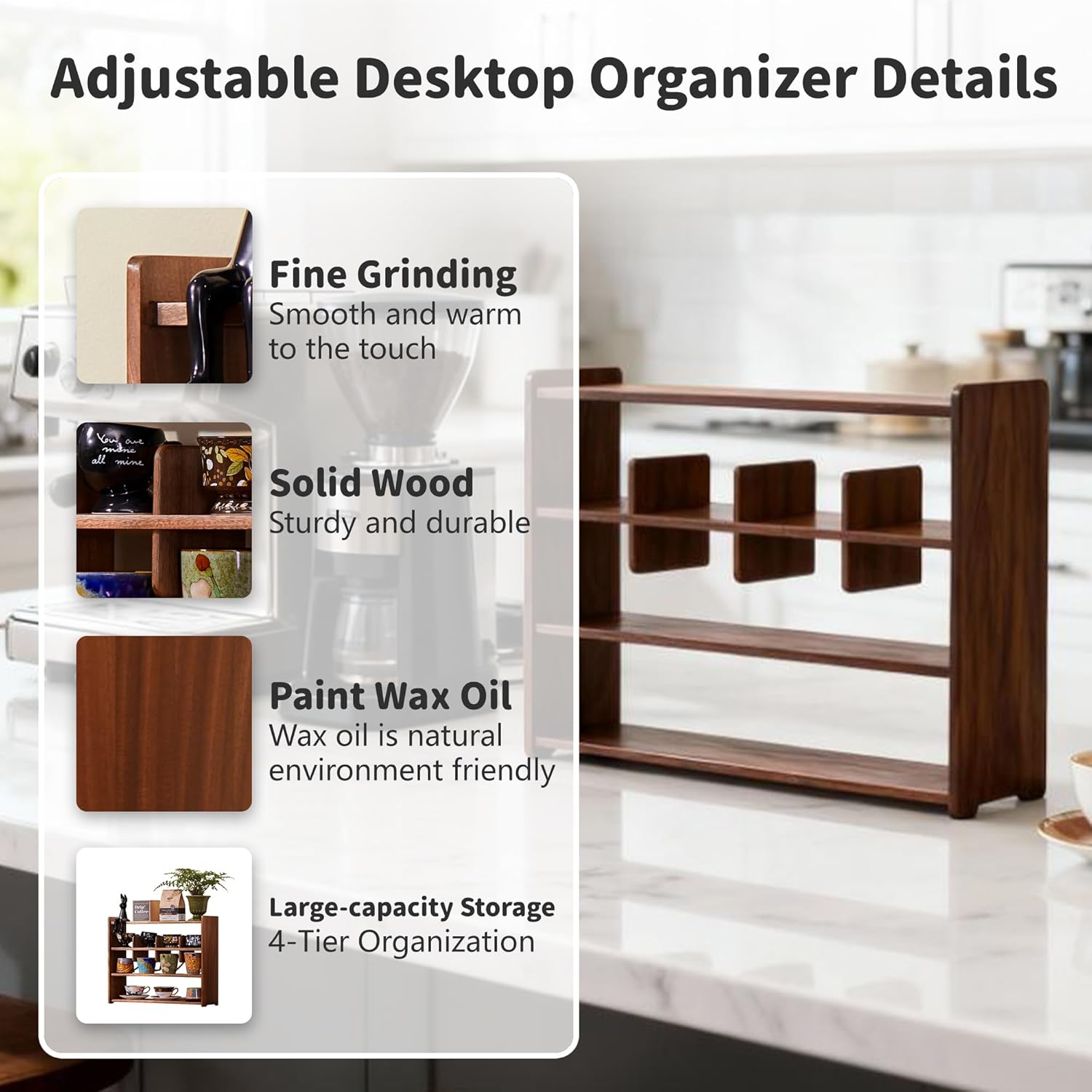 Coffee Cup Holder for Countertop Walnut Wood Coffee Mugs Holder for Kitchen Mug Display Rack (4-Tier Walnut wood A)