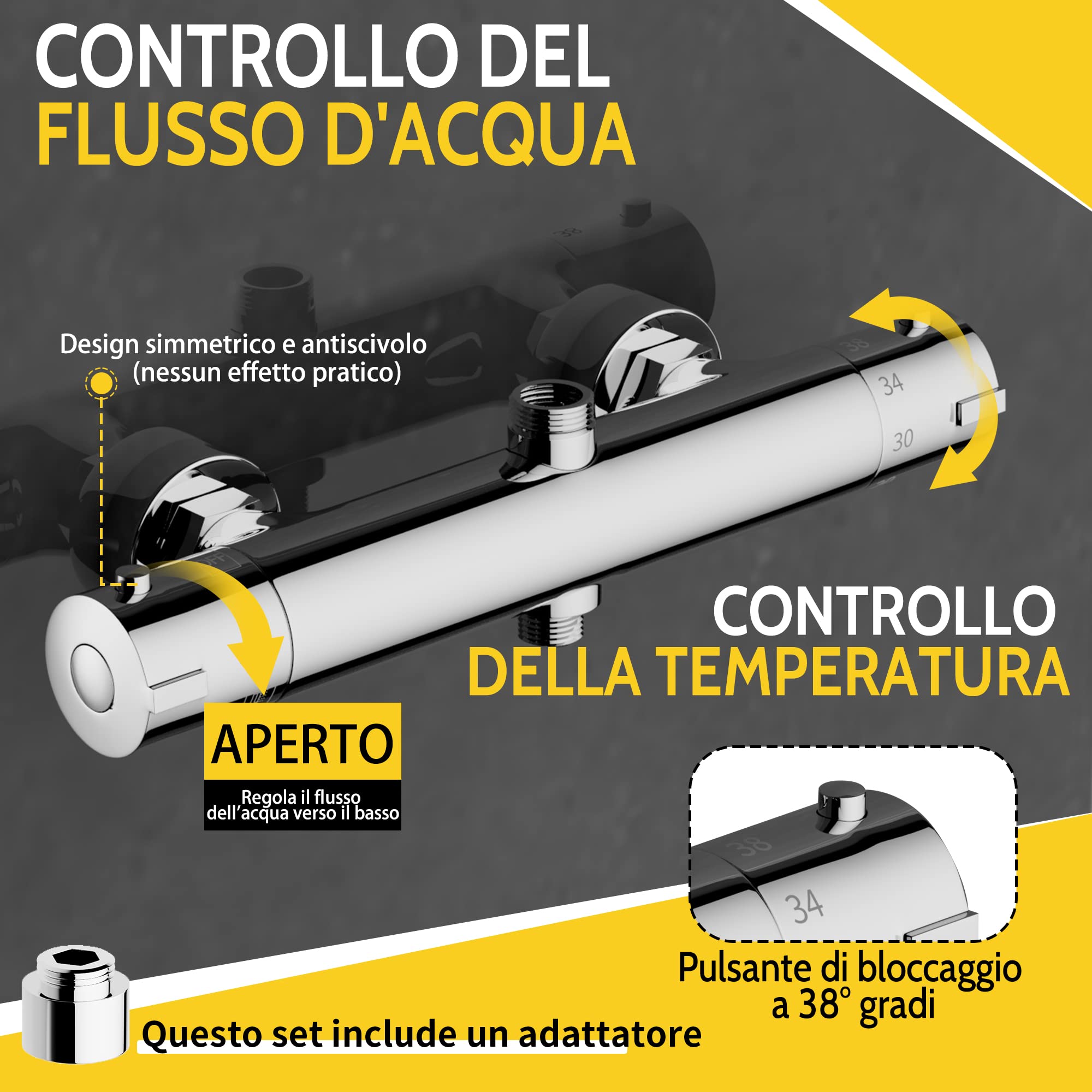MORADO Miscelatore Doccia, Miscelatore Termostatico Doccia Con 2 Uscite, Uscita Superiore 3/4" BSP (26.4mm) e Uscita Inferiore 1/2" BSP (21mm), Forma Rotonda, Ottone, Finitura Cromata