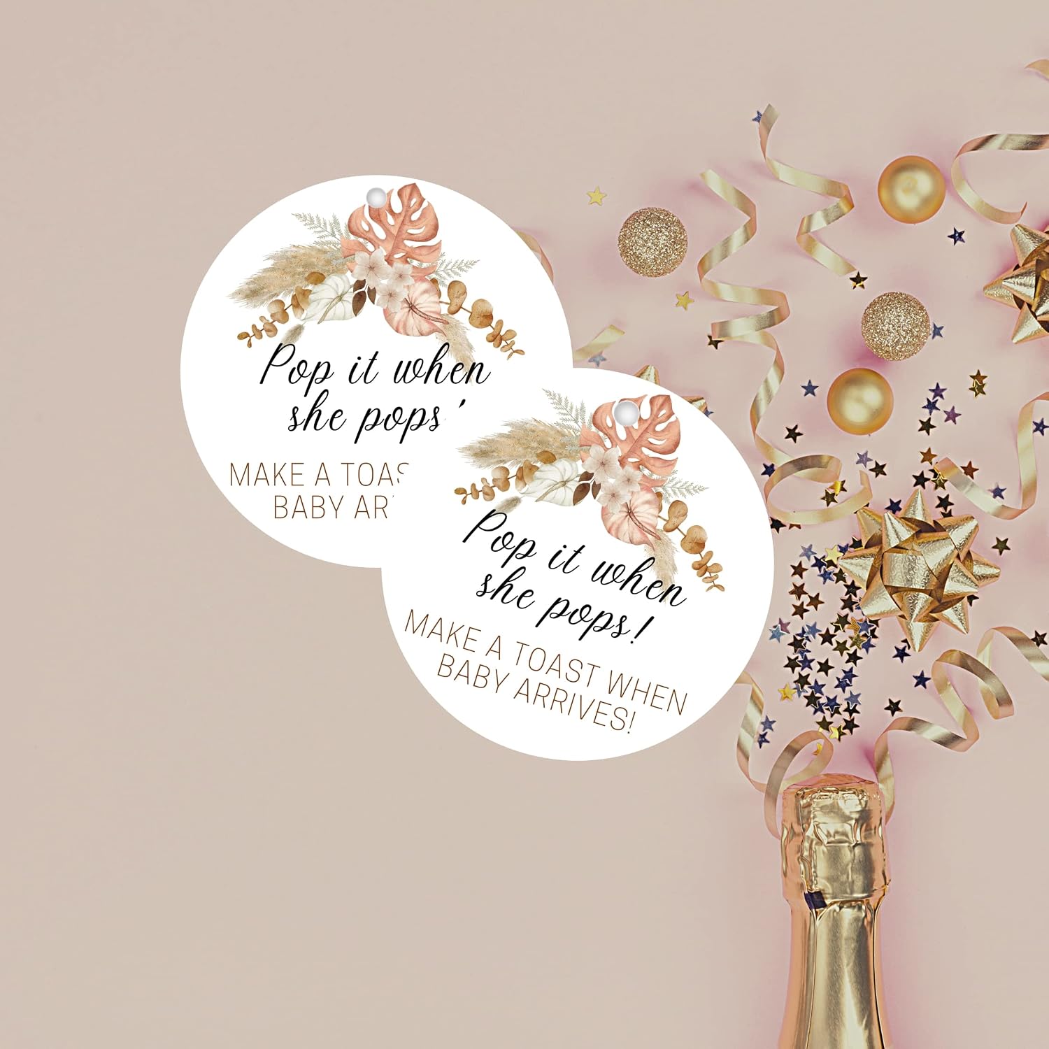 Pop It When She Pops Champagne | 30 Pack | 2.5" Circle Tag With Pre-Cut Hole | Baby Shower Party Favor | Boho Flower Design