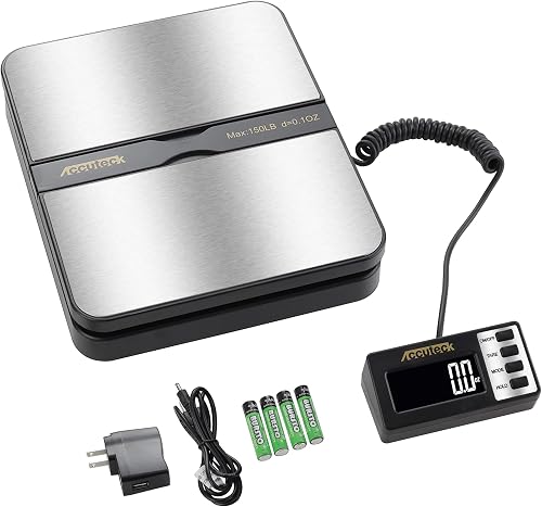 ACCUTECK 8680 High Capacity 150Lbs High Accuracy 0.1OZ Digital Postal Scale with Remote Display, Batteries and USB Cable and AC Adapter Included (Stainless Steel)