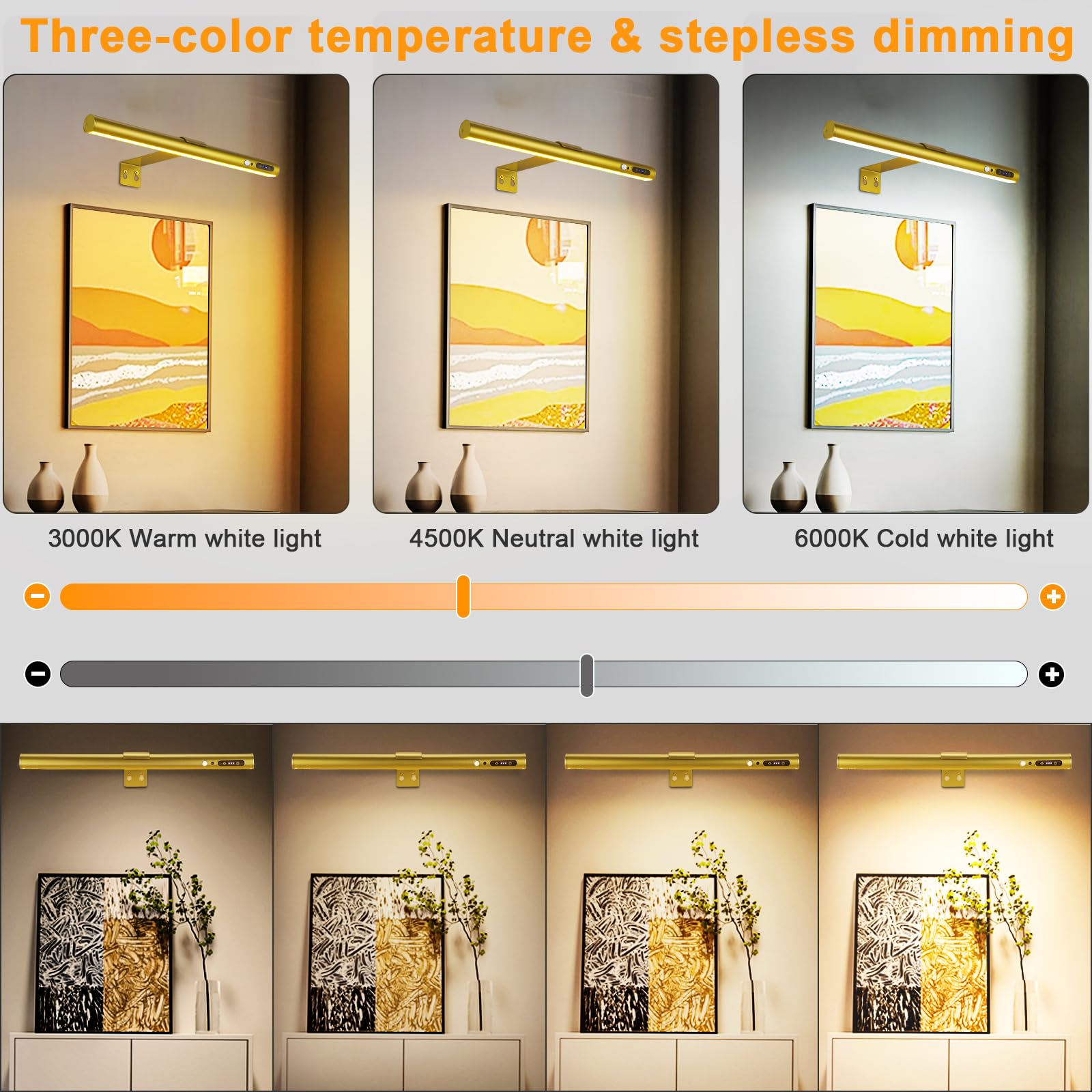 ENCOFT Applique murale pour tableau mural avec détecteur de mouvement 5000 mAh - Batterie rechargeable sans fil - Télécommande à intensité variable et 3 temps de couleur - 40 cm - Doré