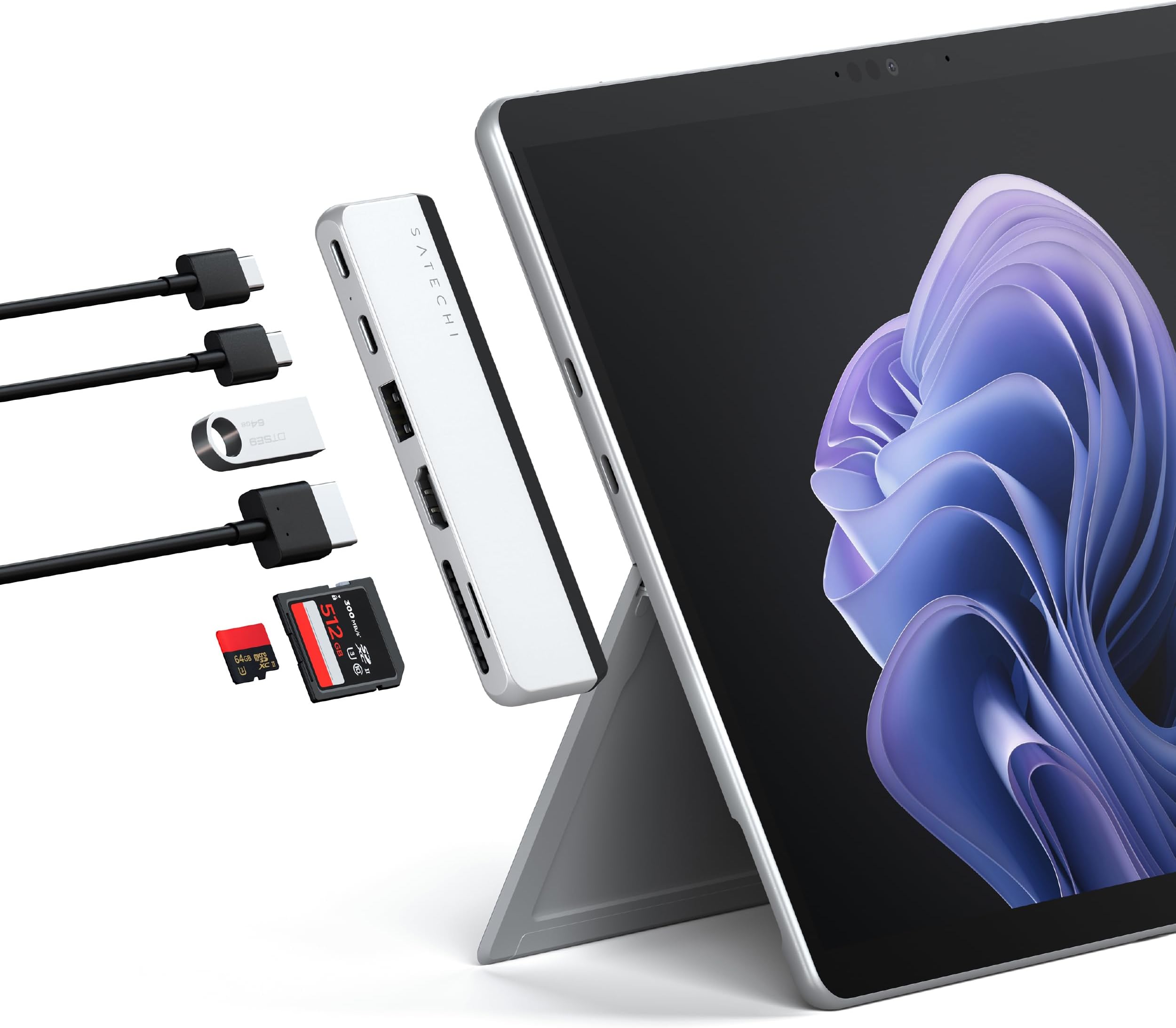 Dual USB-C hub for Surface Pro 11/10/9, Docking Station with 3.2 USB-A, 4k/60Hz HDMI, USB4 Pass-Through, 3.2 USB-C, UHS-I SD/TF Card