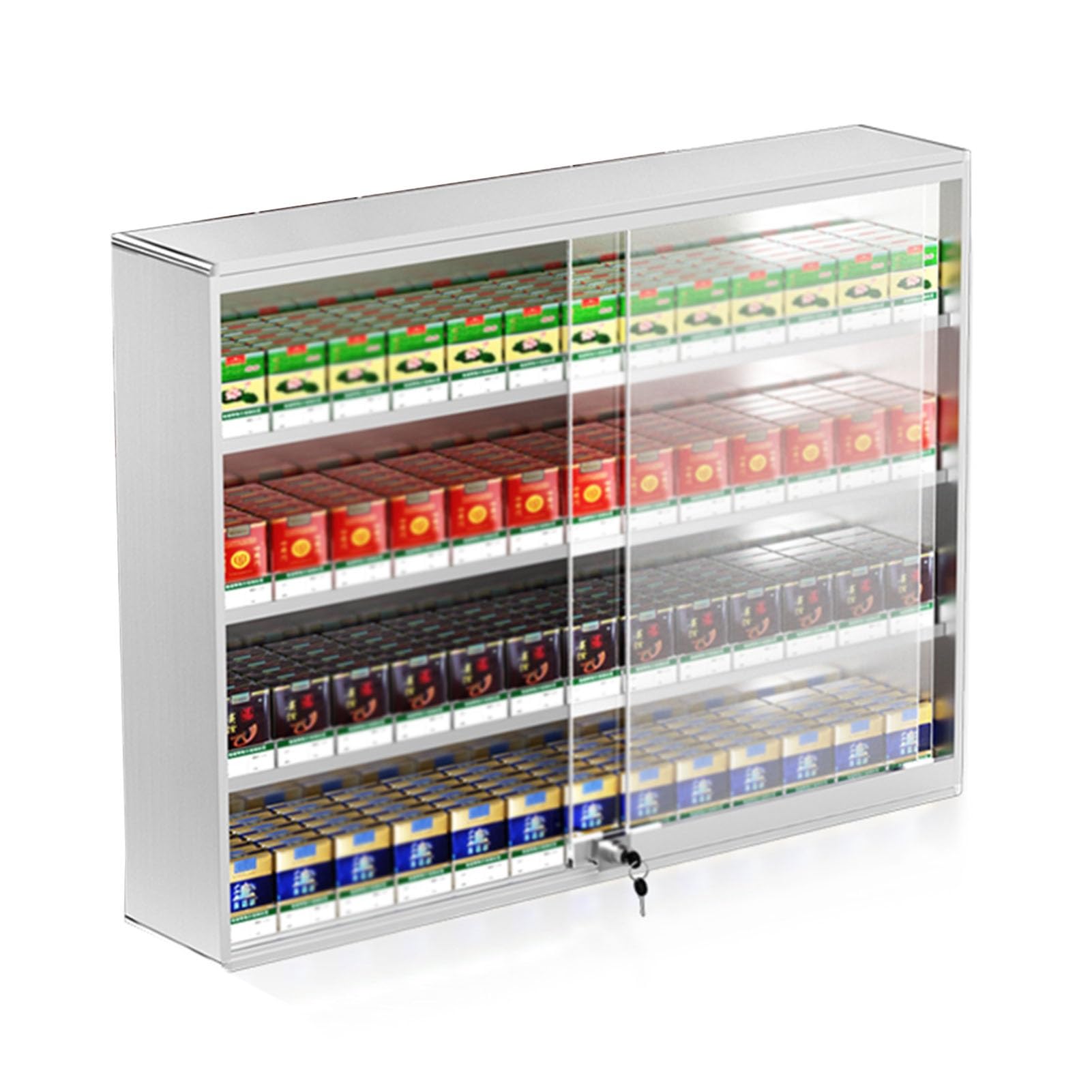 Présentoir à cigarettes transparent argenté avec vitrine et serrure