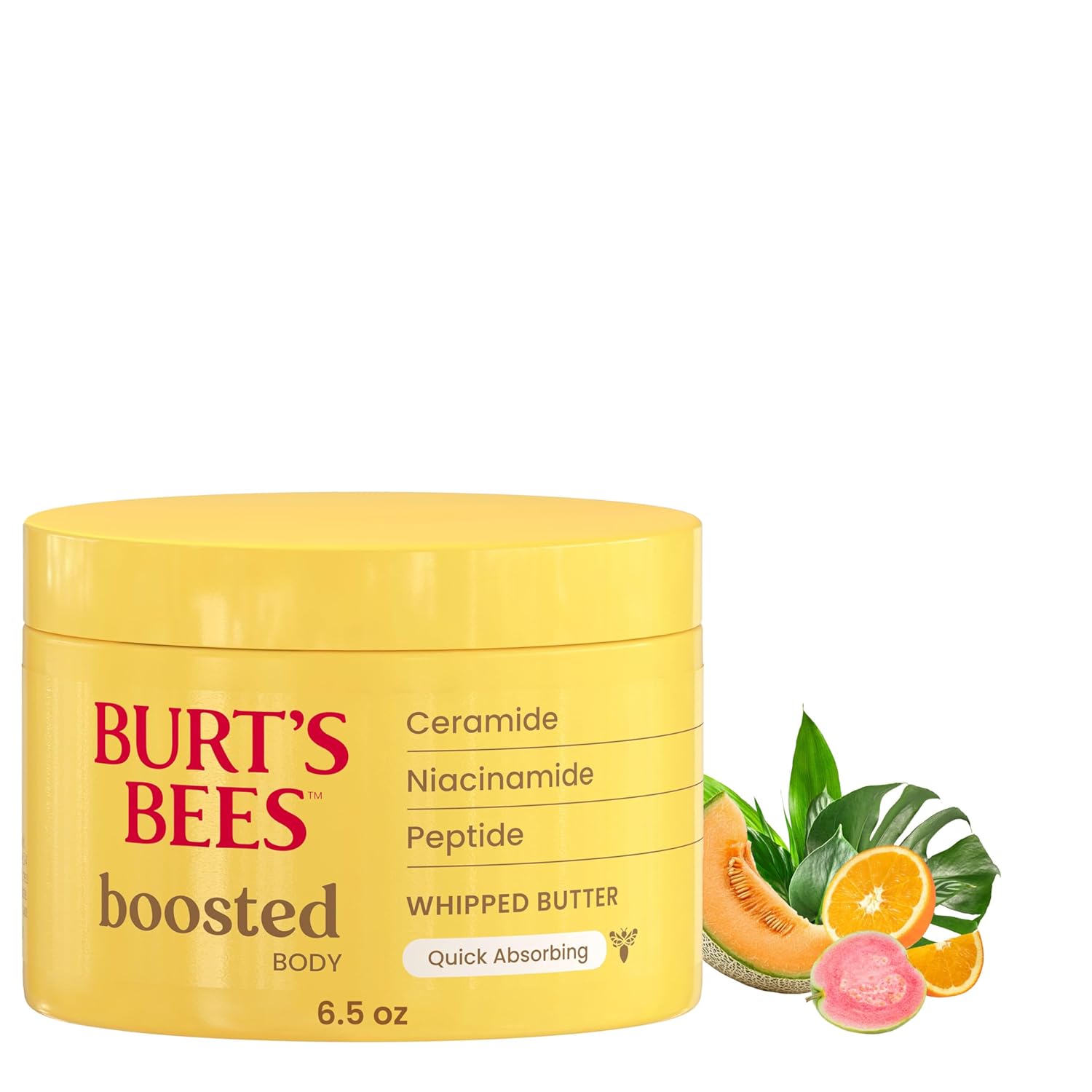 Burt's Bees Boosted Body Whipped Butter; Quick Absorbing; Ceramide, Niacinamide, and Peptide Triple Action Complex; Moisturizes, Smooths; Supports Natural Collagen Production; 6.05 Ounces Burt's Bees Boosted Body Whipped Butter; Quick Absorbing; Ceramide, Niacinamide, and Peptide Triple Action Complex; Moisturizes, Smooths; Supports Natural Collagen Production; 6.05 Ounces