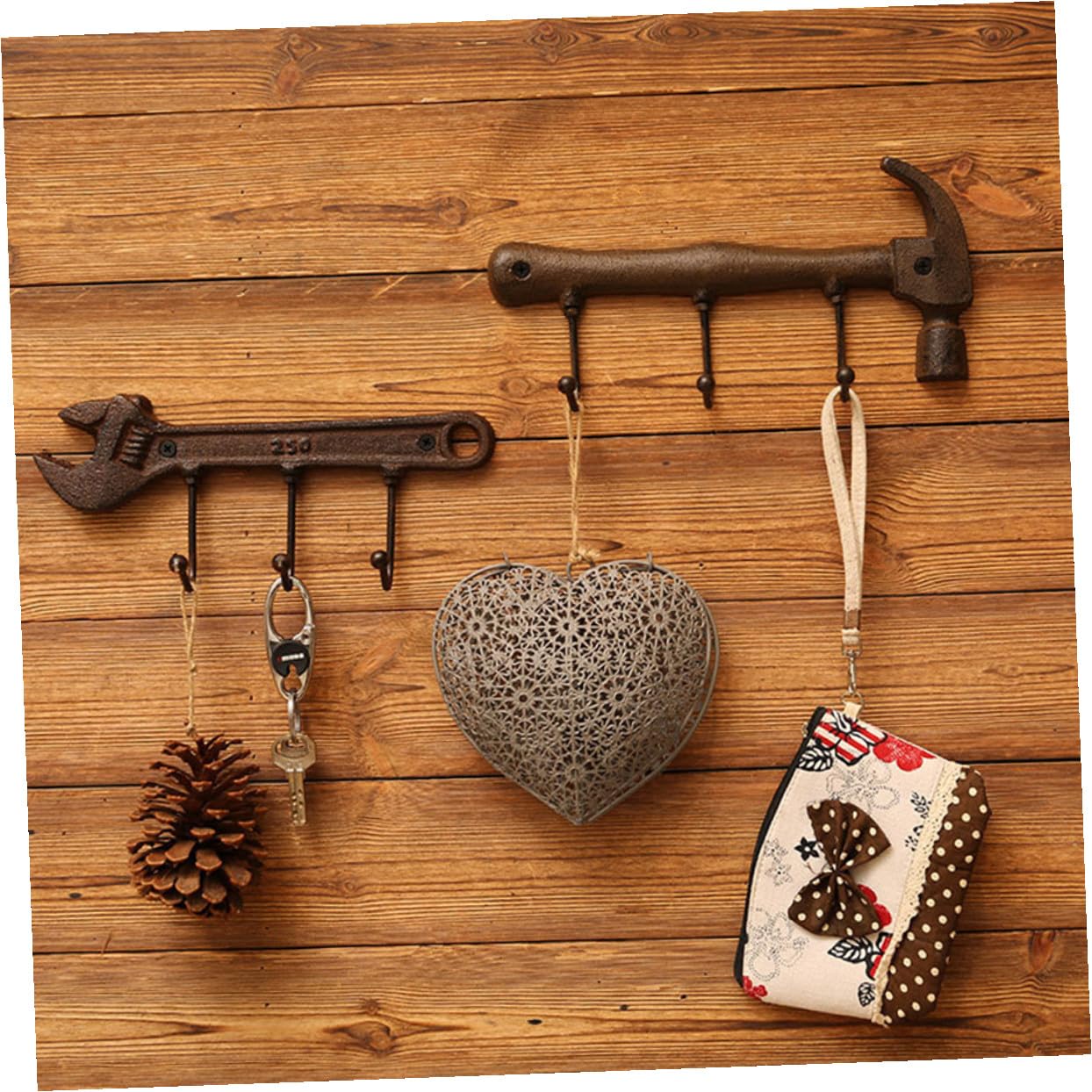Gancio a Parete in Ferro Stile Industriale Americano, Set da 2 Ganci Appendiabiti a Forma di Martello e Chiave Inglese, Portaoggetti Decorativo per Soggiorno Cucina Bagno Ufficio