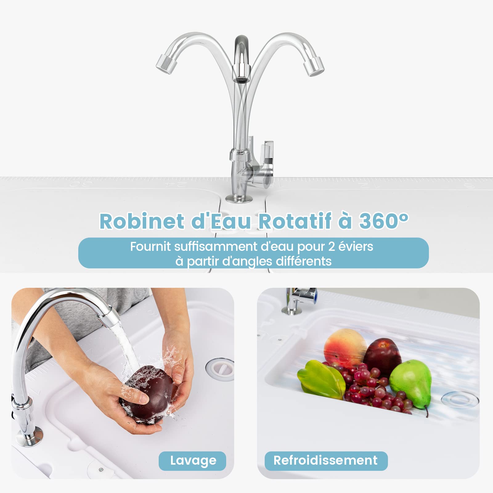 GYMAX Évier de Nettoyage de Poisson de 4 Pieds, Table Pliante avec Robinet, 2 Bassins d'eau, Corbeille à Déchets et Marques de Mesure, Évier de Cusine, Blanc