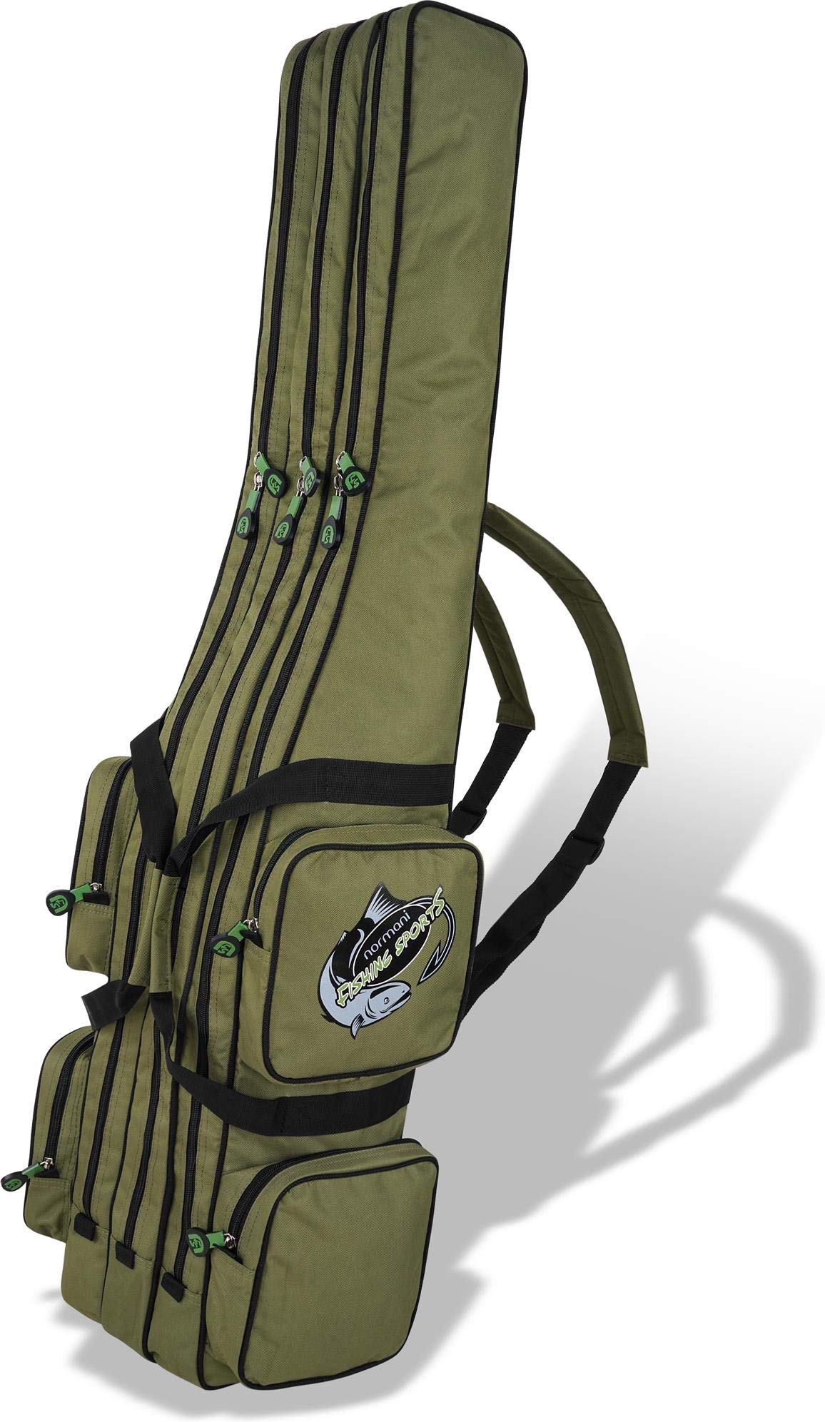 normani XXL Angel Tasche Futteral 190cm oder 210cm Rutentasche Anglerrucksack - 8 Taschen für 6 Ruten und Kescher Olive 190 cm