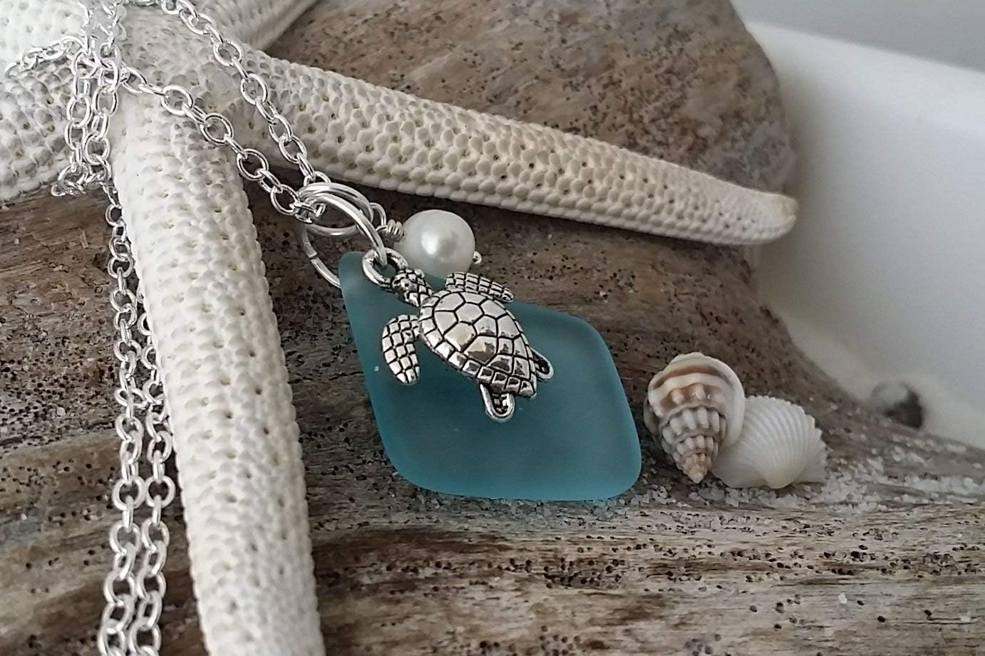 yinahawaii Handmade blue sea glass necklace,turtle charm, Natural pearl, gift box,beach glass necklace,sea glass jewelry, blue beach jewelry.