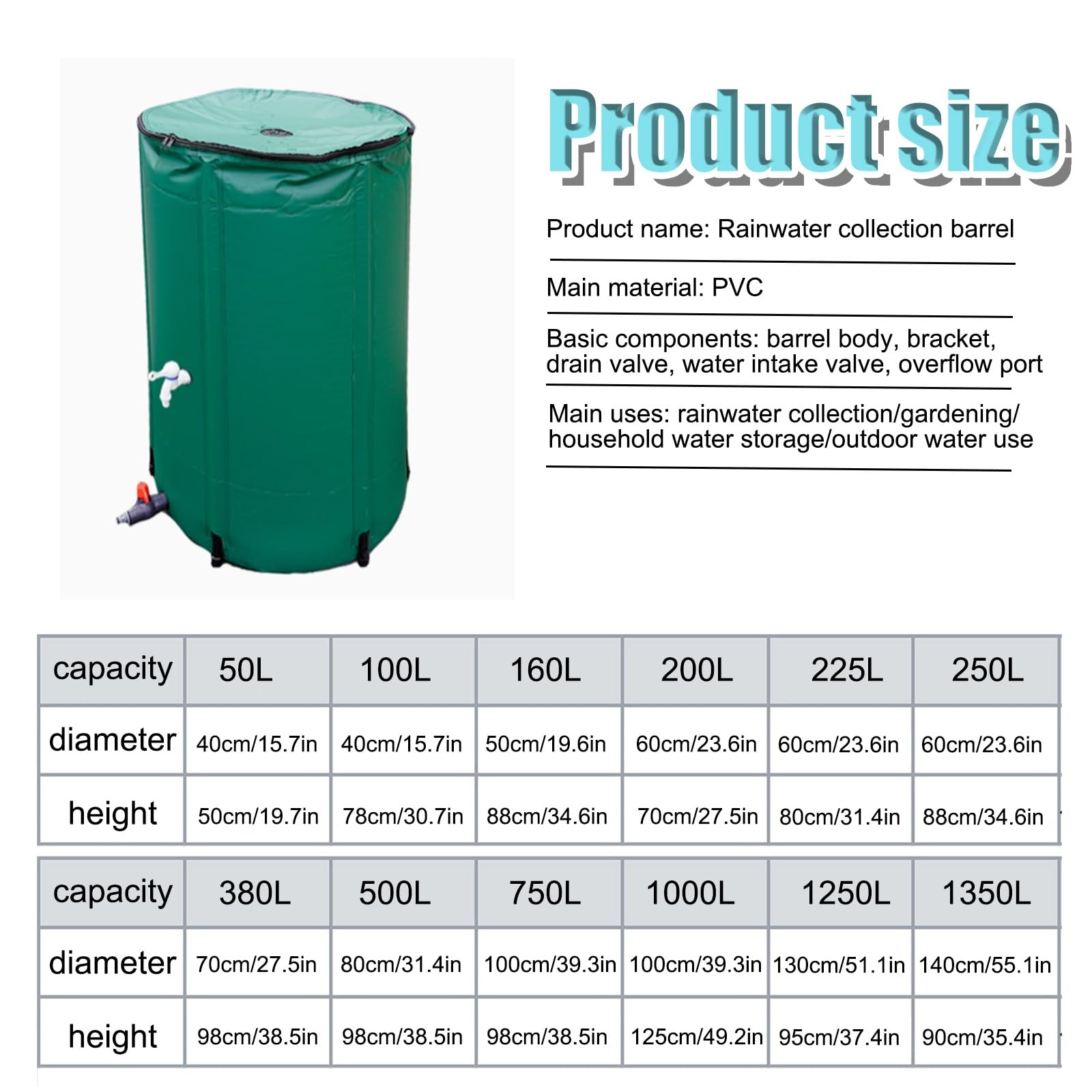 Sistema portátil de recolección de Agua de Lluvia de 1350 l para riego de Jardines (Negro)