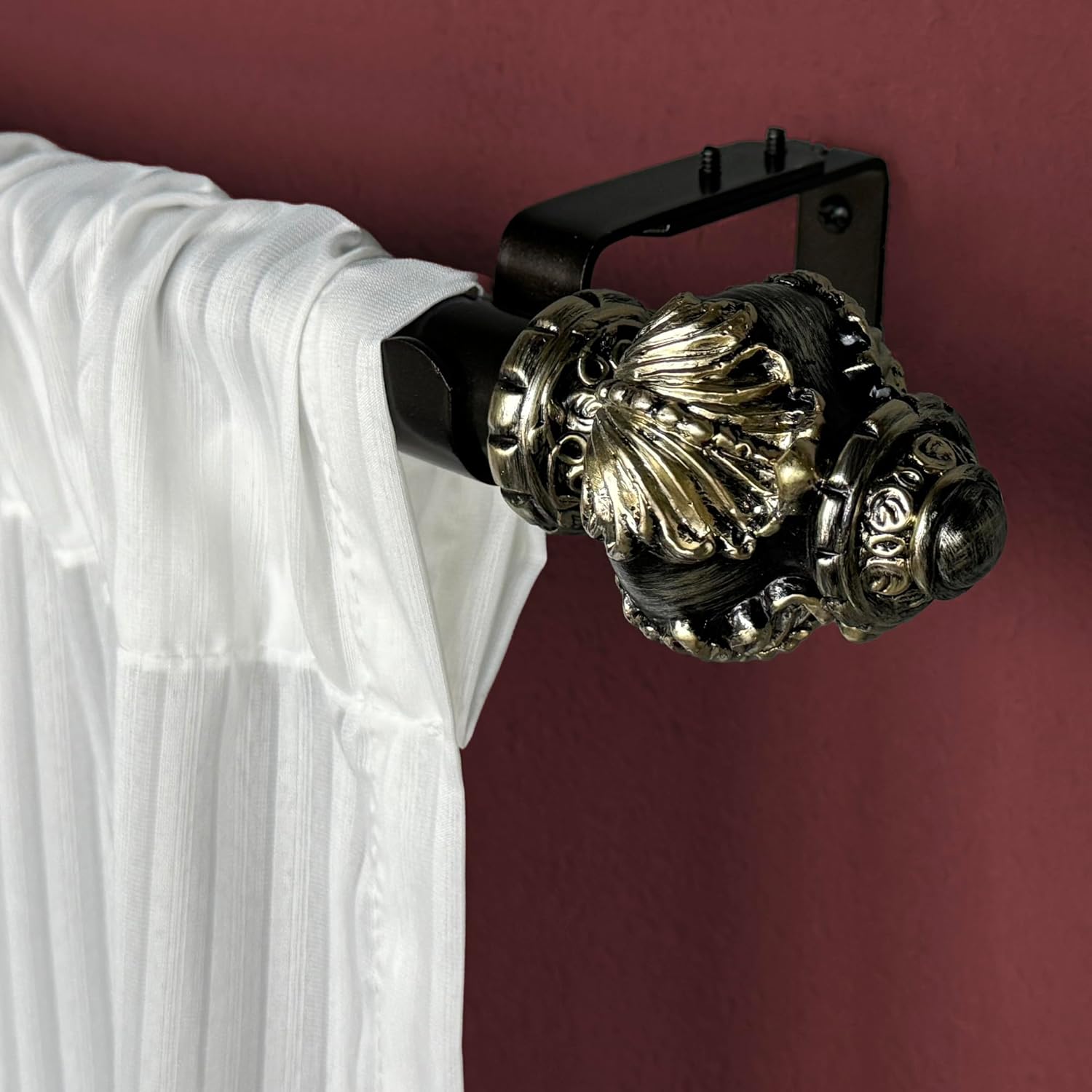 1-1/8 Inch Diameter Dark Bronze Curtain Rods with Carved Acanthus Leaves Finial, 36-72'' Telescoping Single Curtain Rods for window width 24-68 inch, 1 pack