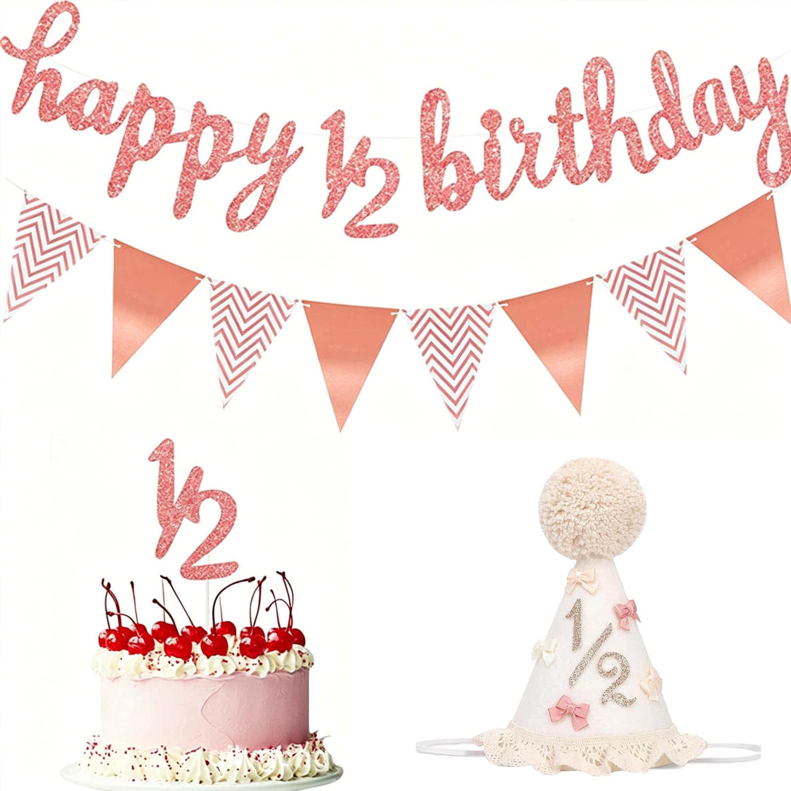 Daxiangsheng Happy 1/2 Birthday Hat Banner and Cake Topper, Pink 4Pcs