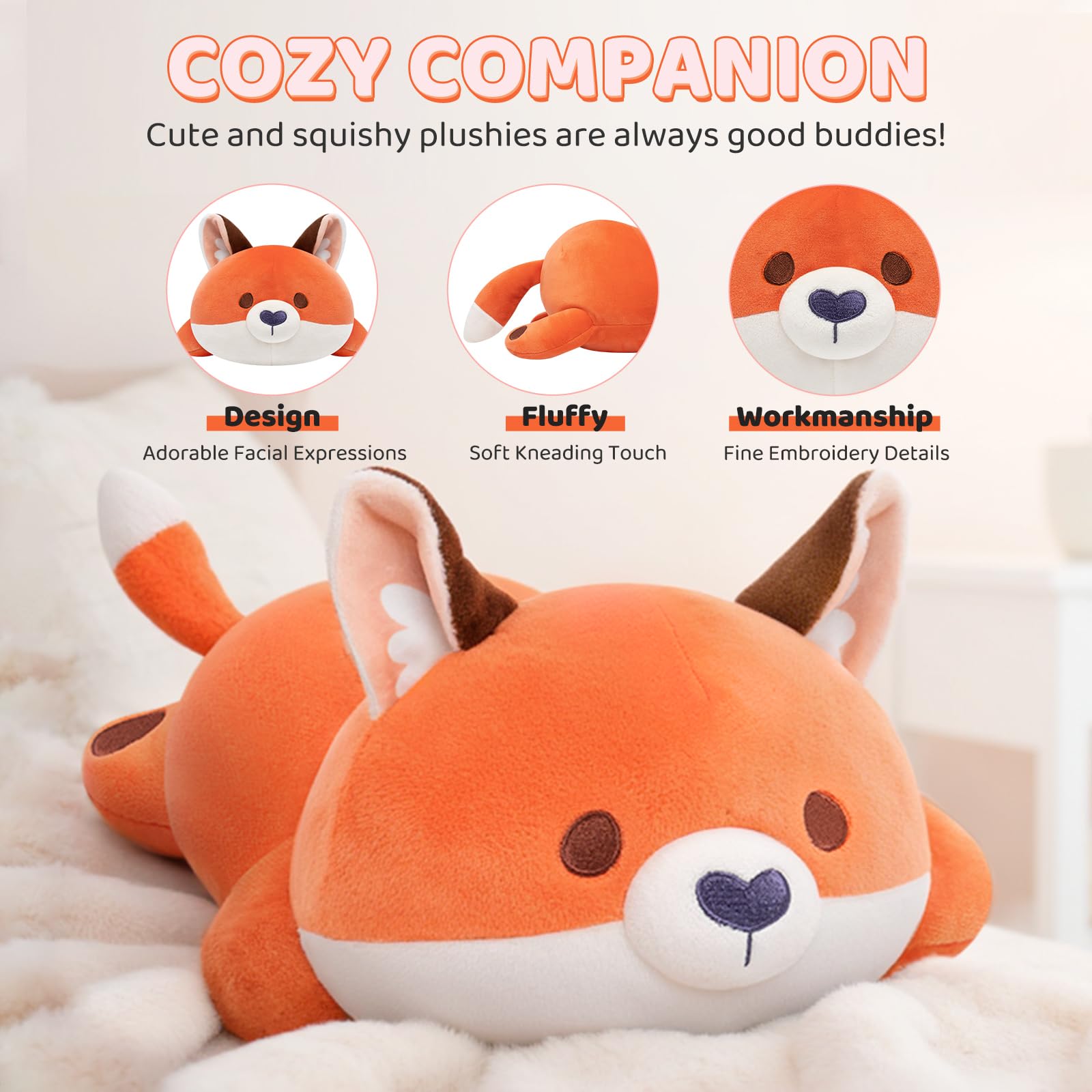 Mewaii Peluche Cuscino Kawaii Stitch Peluche Volpe Arancione Giocattolo Abbraccio Animali di Peluche Natale Compleanno Regalo per Ragazze 33CM