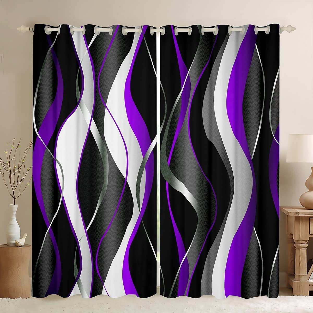 Rideaux occultants géométriques violet et noir 132x228cm Loussiesd