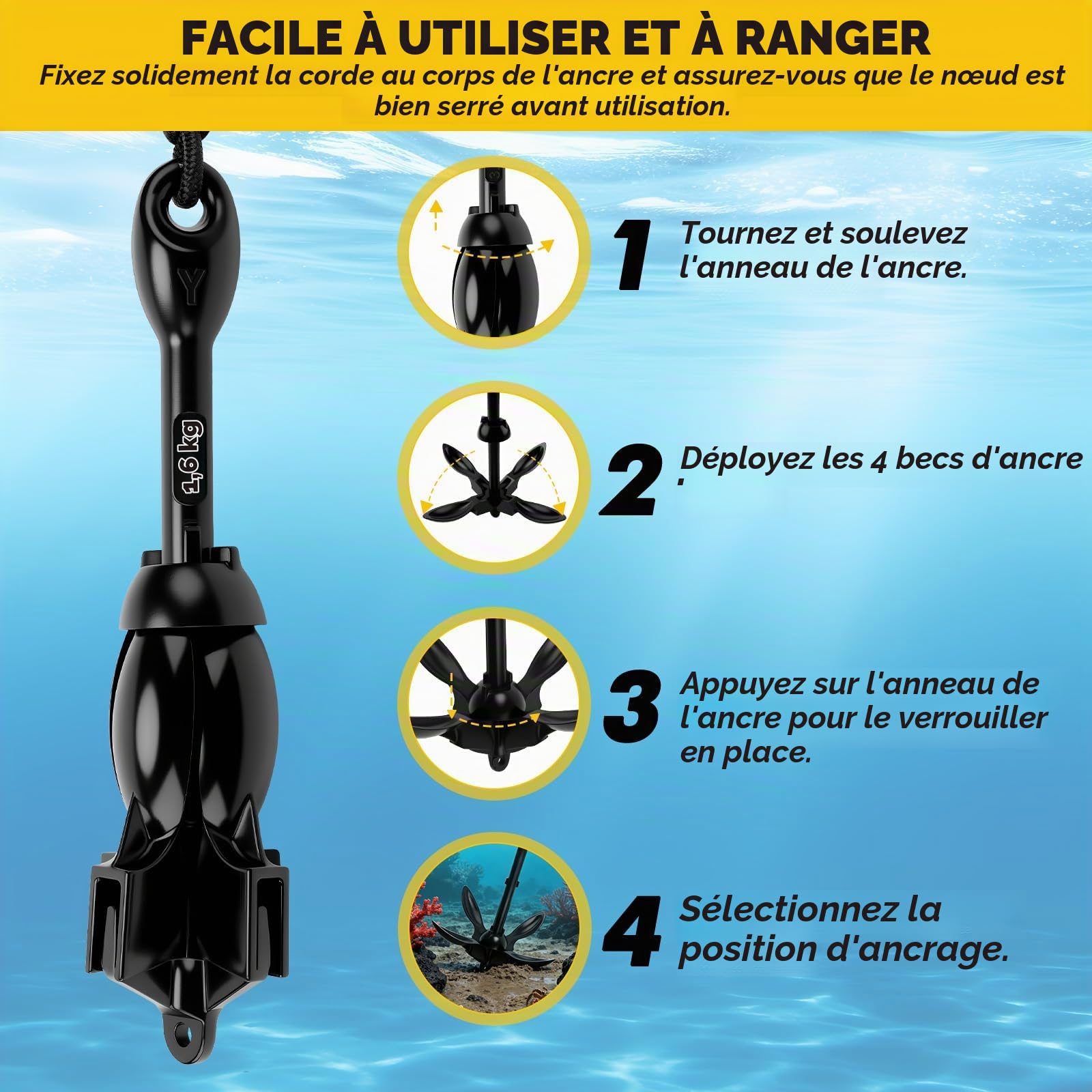 Ancre de Bateau Kit 1,59 Kg, Ancre Pliante avec Ligne d'ancrage de 10 m, Une bouée à Boule et Un Sac de Rangement, pour Kayaks, Bateaux Pneumatiques, Bateaux